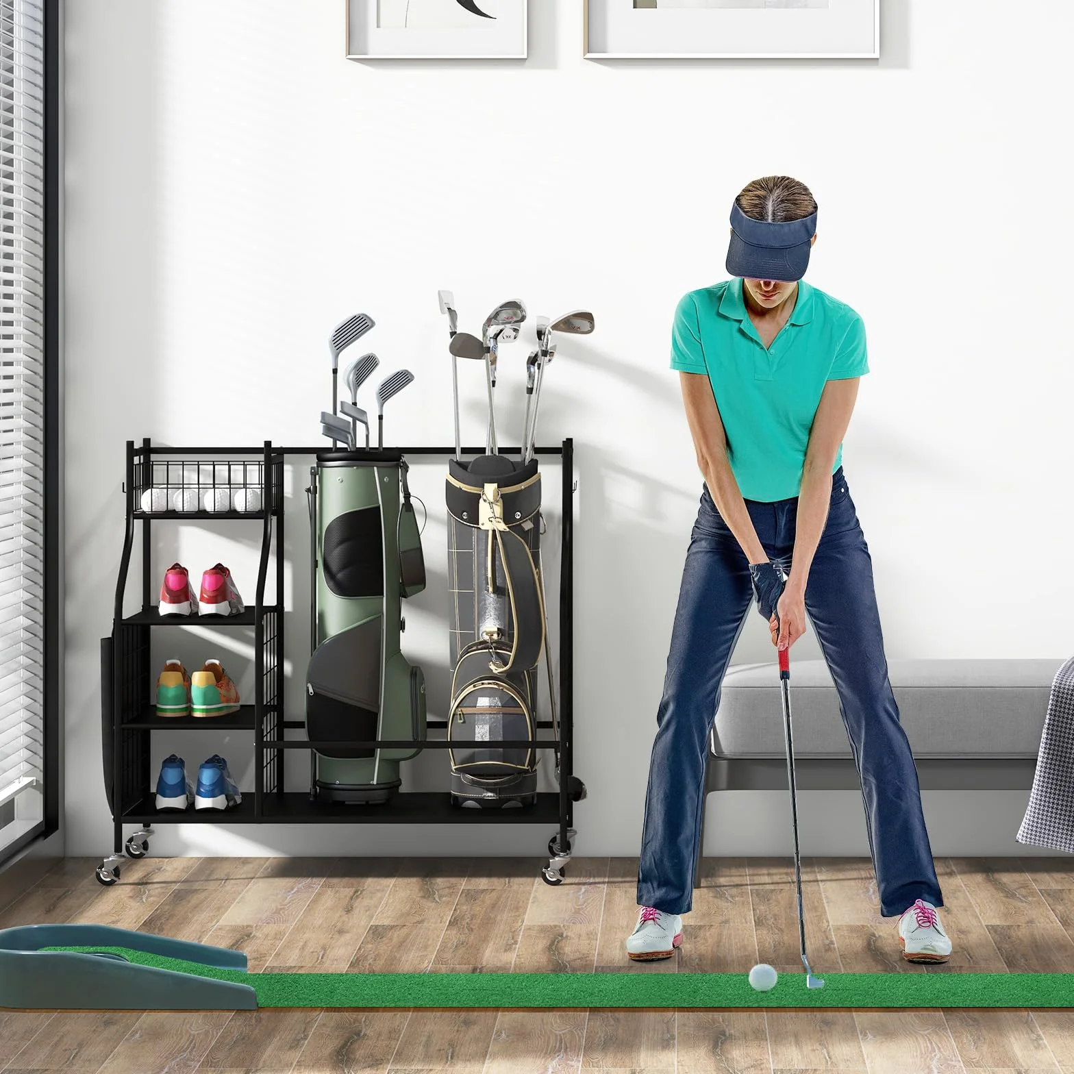 GOPLUS Organisateur de Rangement pour Club de Golf, Étagère avec Roues Verrouillables pour 2 Sacs et 8 Clubs