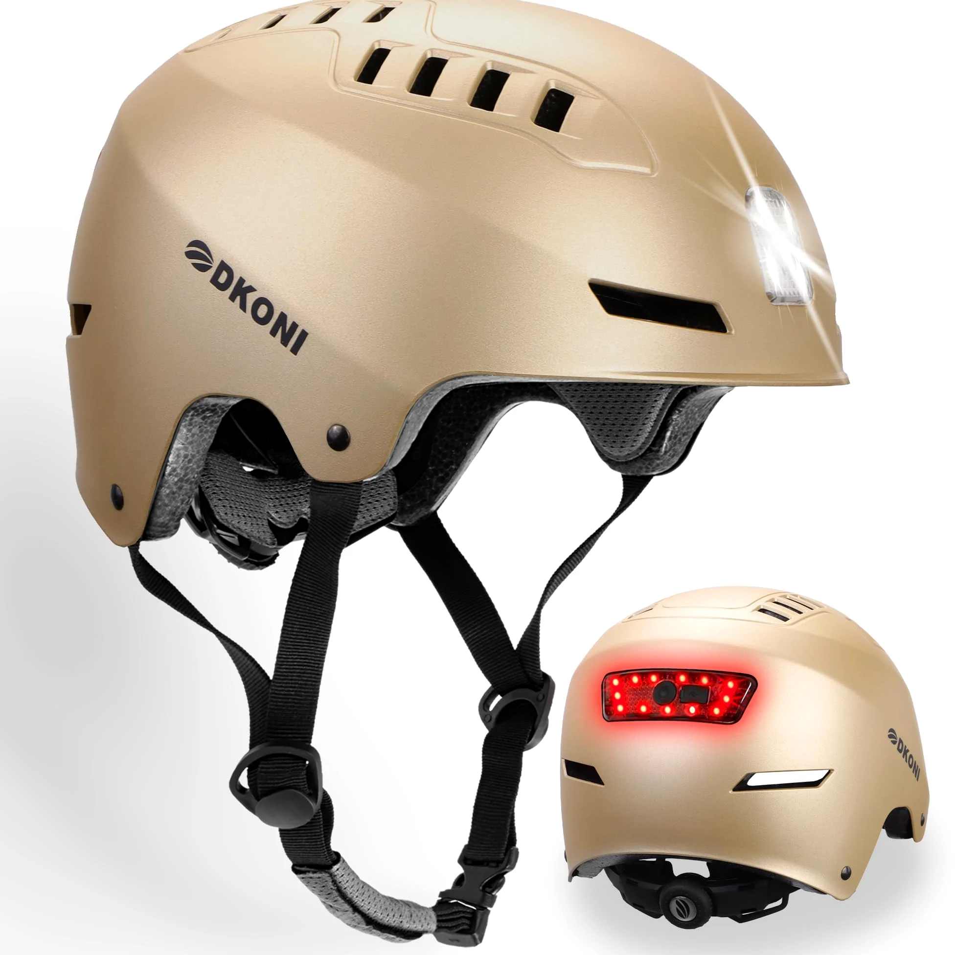 DKONI Casque de vélo avec lumières LED - Casque de vélo rechargeable par USB - Avec lumière LED avant et arrière - Pour homme et femme