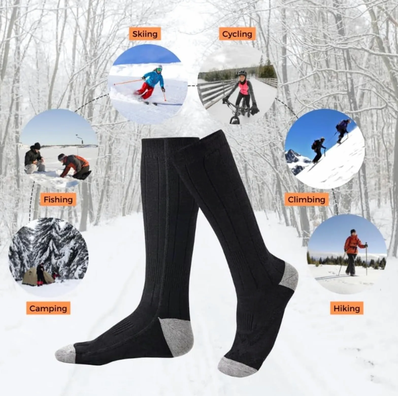 Chaussettes de ski chauffantes électriques – 4 niveaux de température rechargeables double couche thermiques pour homme et femme