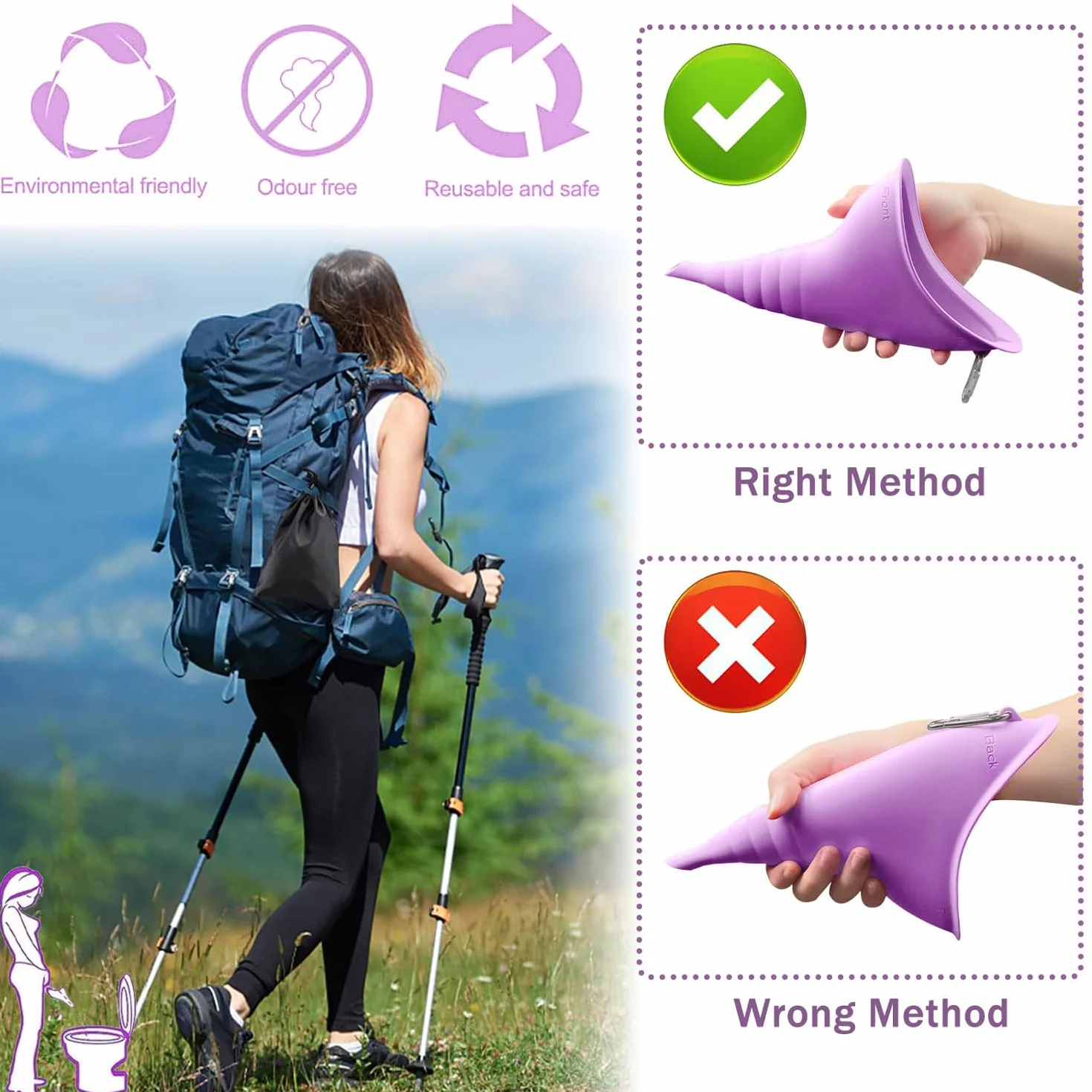 Portatif Urinoir Debout Réutilisable pour Femme Silicone Entonnoir Toilette Camping Violet