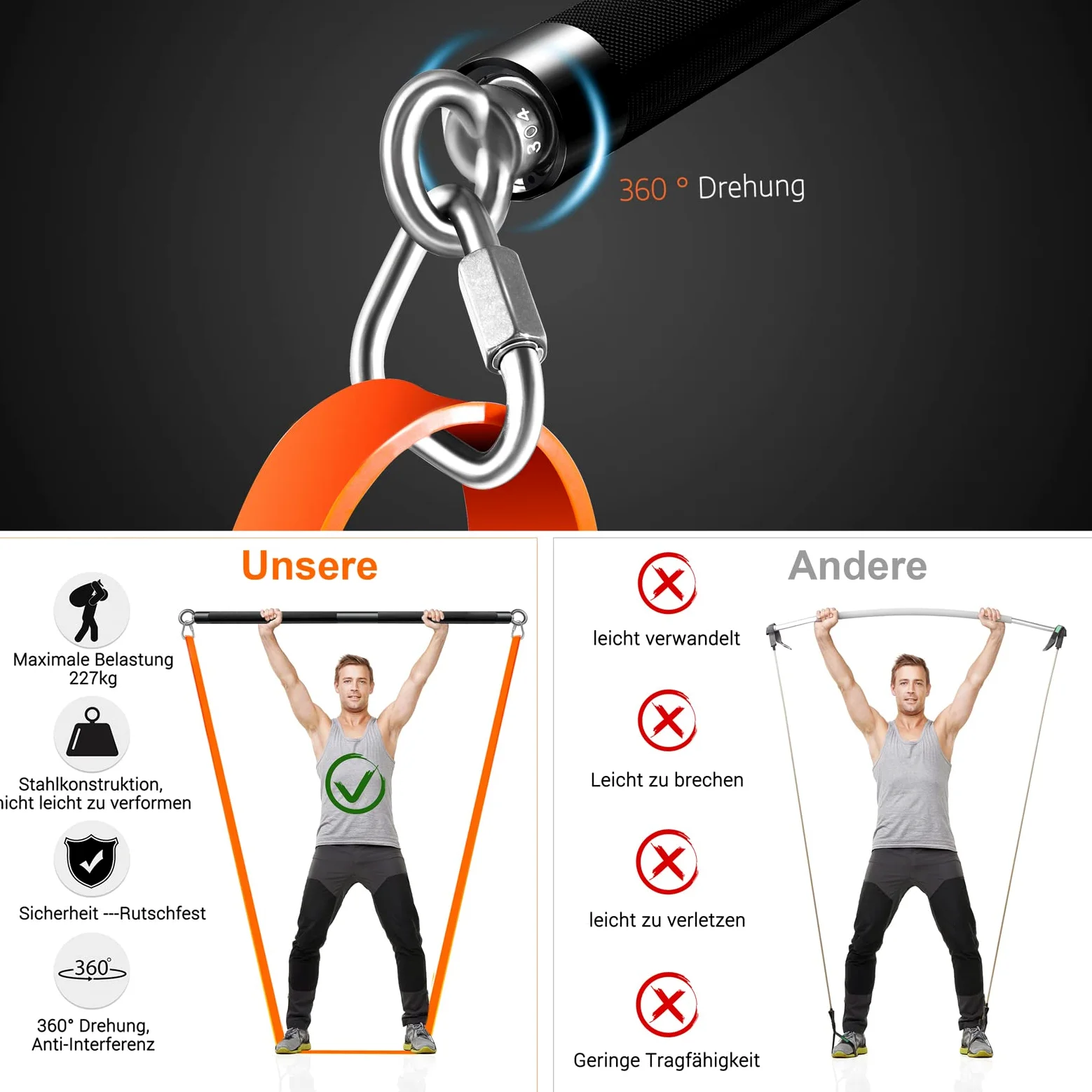 DASKING Kit de Bandes de Résistance avec Barre d'exercice, Amovible Pilates Barre + 4 Bande Élastique Latex-Kit de Barres Fitness pour la Musculation, Le Yoga -Équipement de Domicile Sports, Home Gym