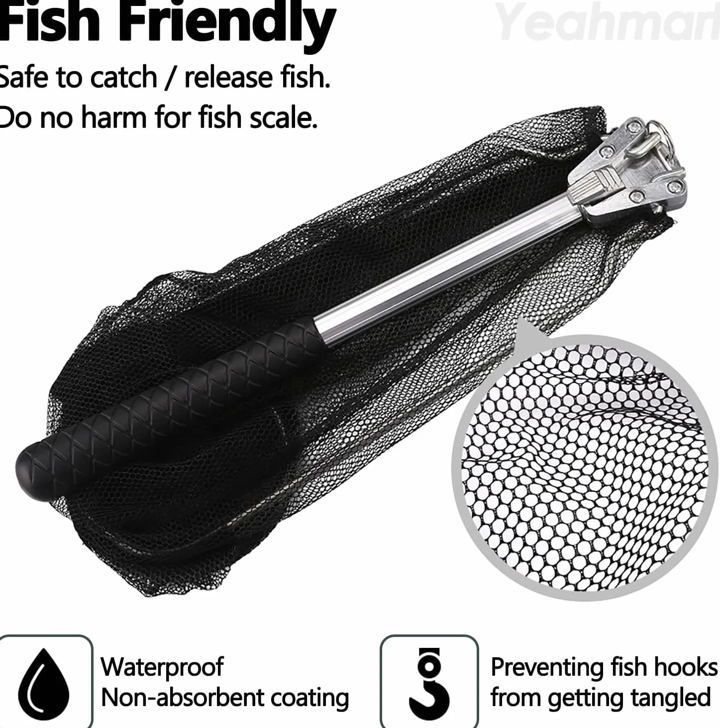 Filet de pêche pliable noir 51 cm - Épuisette pour adultes et enfants, atterrissage pour saumon et poisson-chat