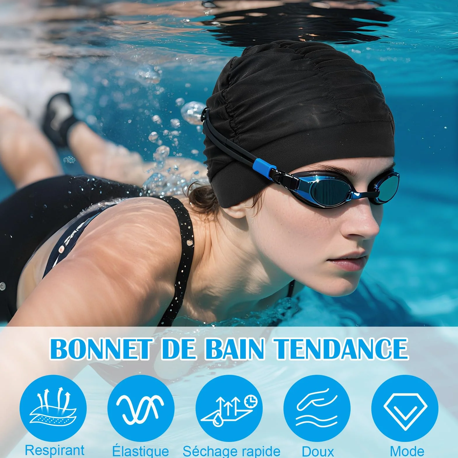 Bonnets de Bain Élastique en Tissu Polyester pour Natation, Cagoule Piscine pour Cheveux Longs Femme Homme Enfant