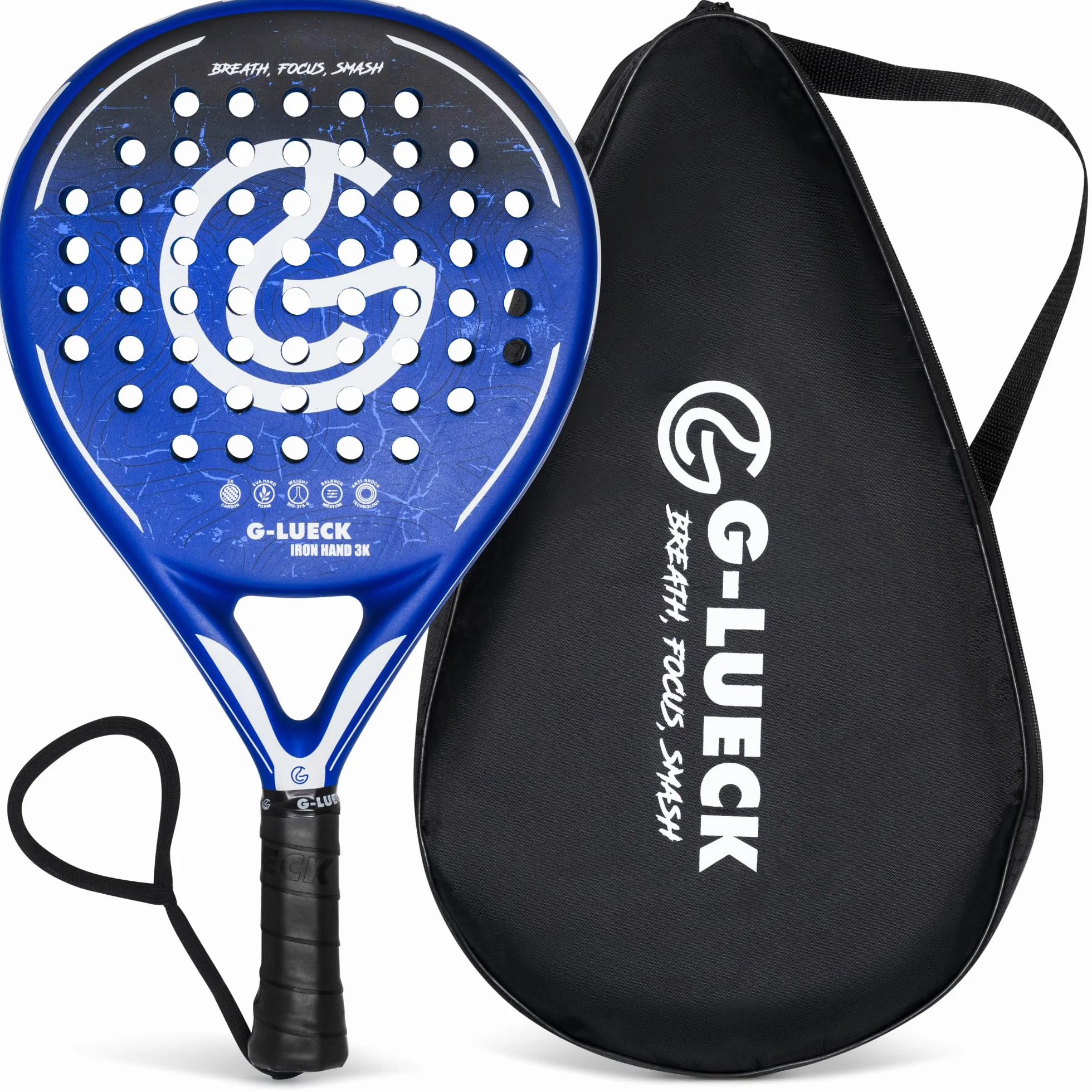 Raquette de Padel Iron Hand 3K Carbone Ronde Contrôle Puissance Cadre Carbone Renforcé Bleue Housse Incluse