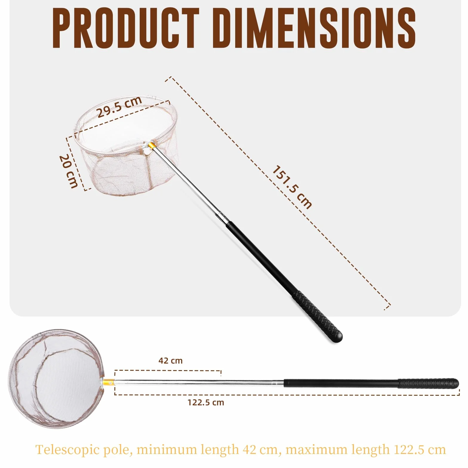 Épuisette de Pêche Télescopique Pliable 41–148 cm Filet Nylon Profond 30 cm Maille 5 mm
