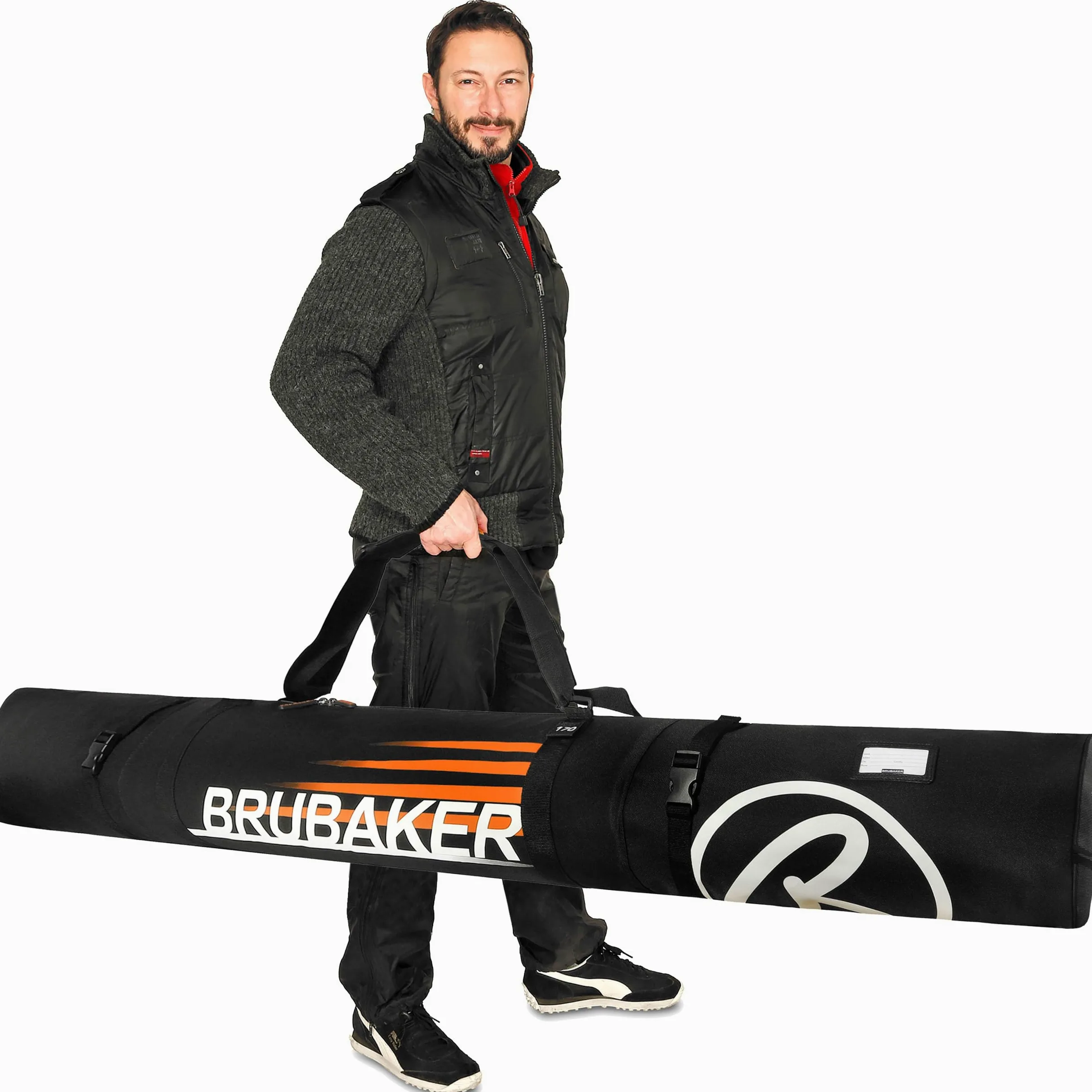 BRUBAKER Set de Ski ‘Champion’ - Housse à Skis et Sac à Chaussures de Ski pour 1 Paire de Skis + Bâtons + Chaussures + Casque - 170 cm - Noir/Orange