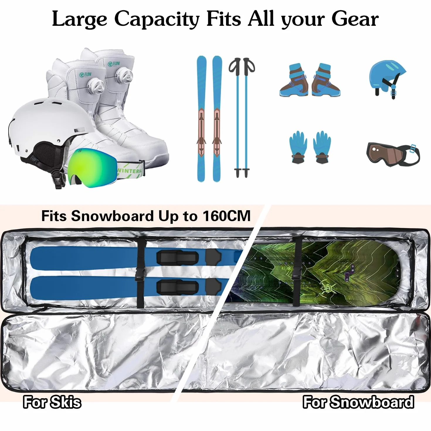 Sac de Ski avec Roues Rembourré pour Voyage en Avion Housse à Ski
