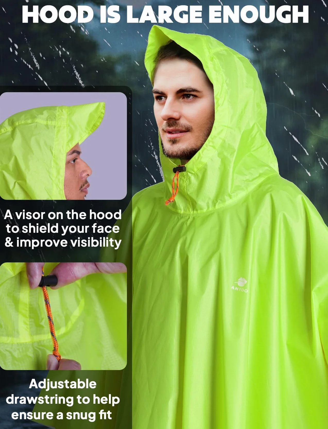 ANYOO Poncho imperméable réutilisable respirant avec capuche Taille Unique