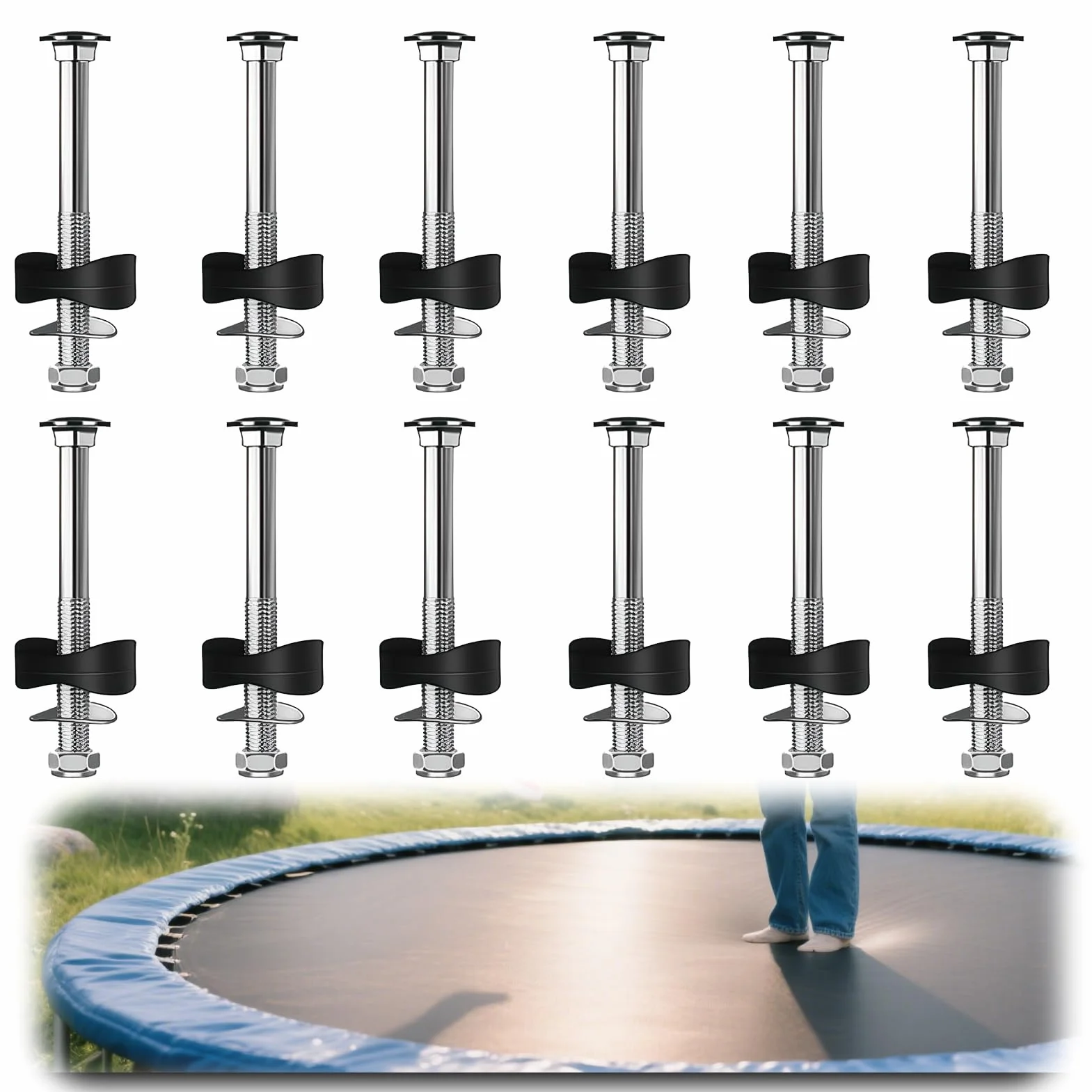 Lot de 12 Vis Trampoline avec Écrous Rondelles Capuchons, Accessoires Fixation Sécurisée Pièces Détachées Résistantes Jardin Extérieur