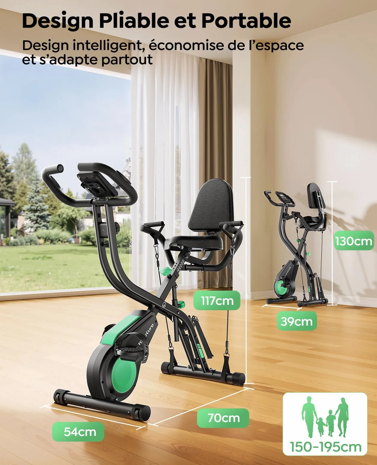 TOPUTURE Vélo d'Appartement Pliable 5-en-1, 16 Niveaux Résistance Magnétique, Moniteur LCD, Compatible APP, 140 kg
