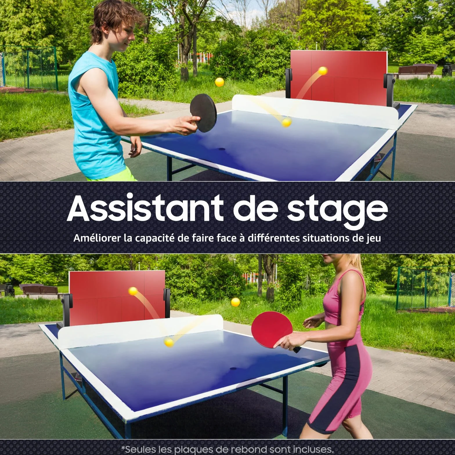 Entraîneur de tennis de table, angle réglable à 360°, 8 blocs en caoutchouc, grande zone d'exercice, tennis de table, planche de rebond avec 7 couches de bois, planche de rebond en acier pour