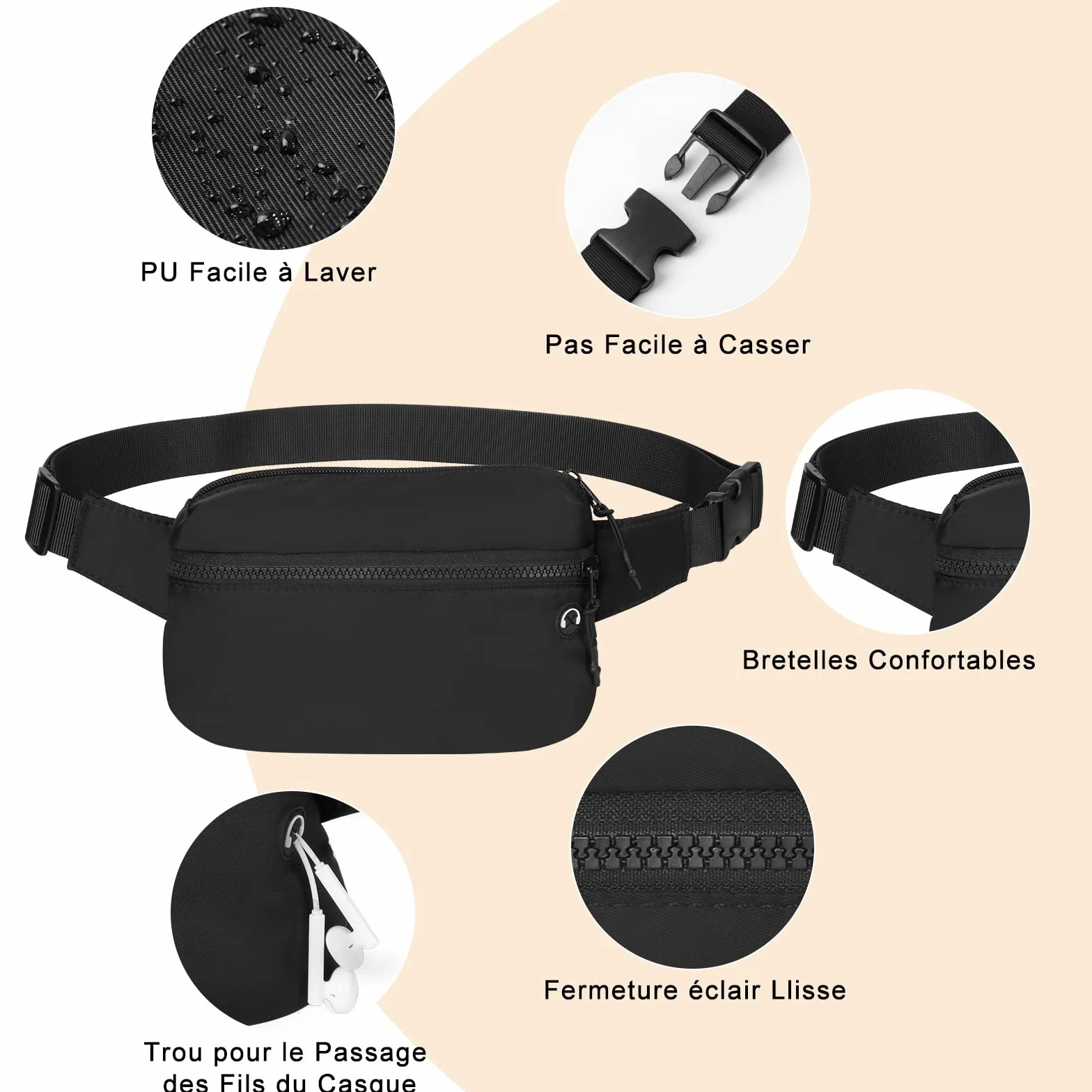 Vinabo Sac Banane Homme Femme avec Prise Casque et 2 Poches Chic Ceinture Réglable pour Taille Randonnée Camping