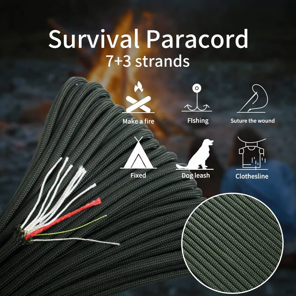 Survival Paracord Rope 100 Feet Fire Starter Parachute Cord 7-Strand Nylon with Red Tinder Cord PE Fishing Line Cotton Thread Army Green Camo