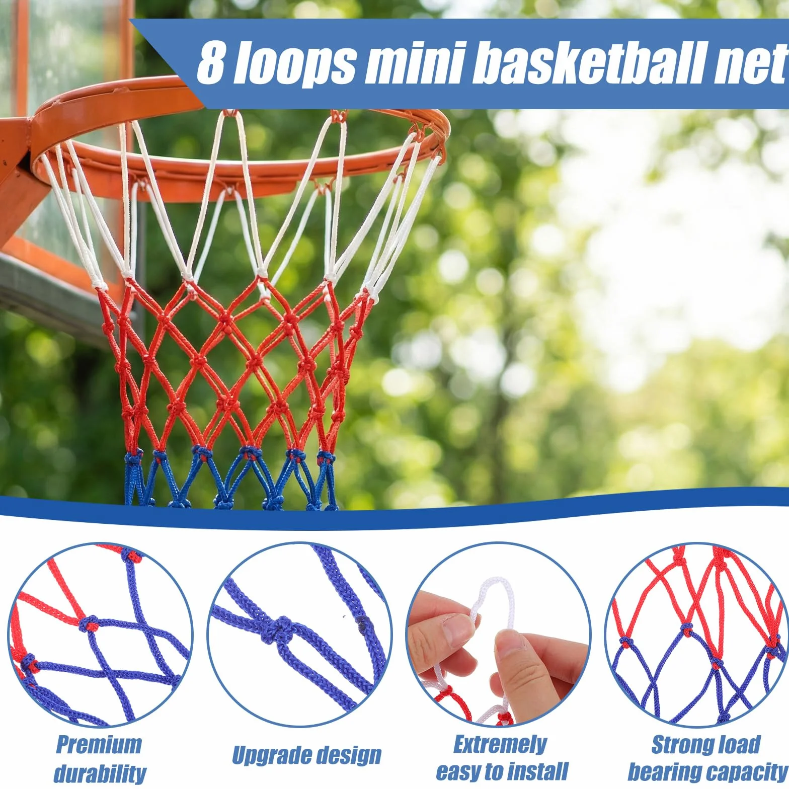 Lot de 2 filets de basketball pour panier de basket - 8 passants - Intérieur et extérieur - Tous temps