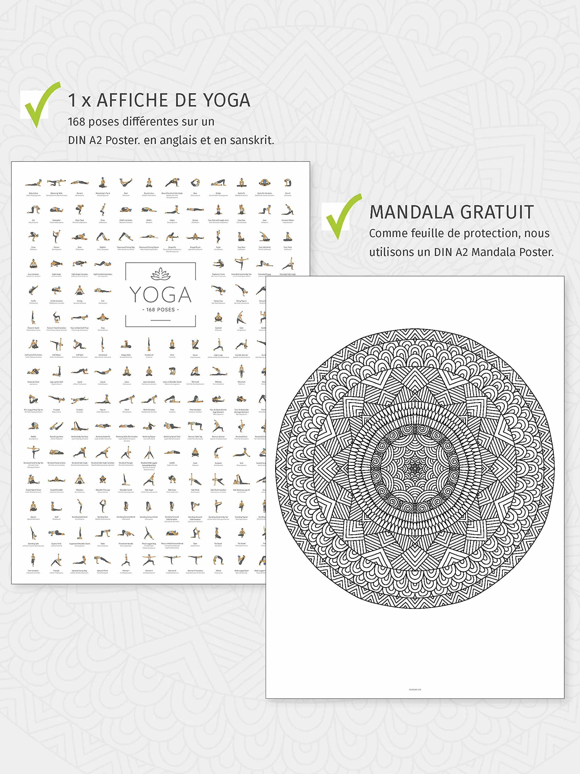 Poster de Yoga DIN A2 168 postures et asanas, accessoires de yoga pour studios et domicile JUNOMI