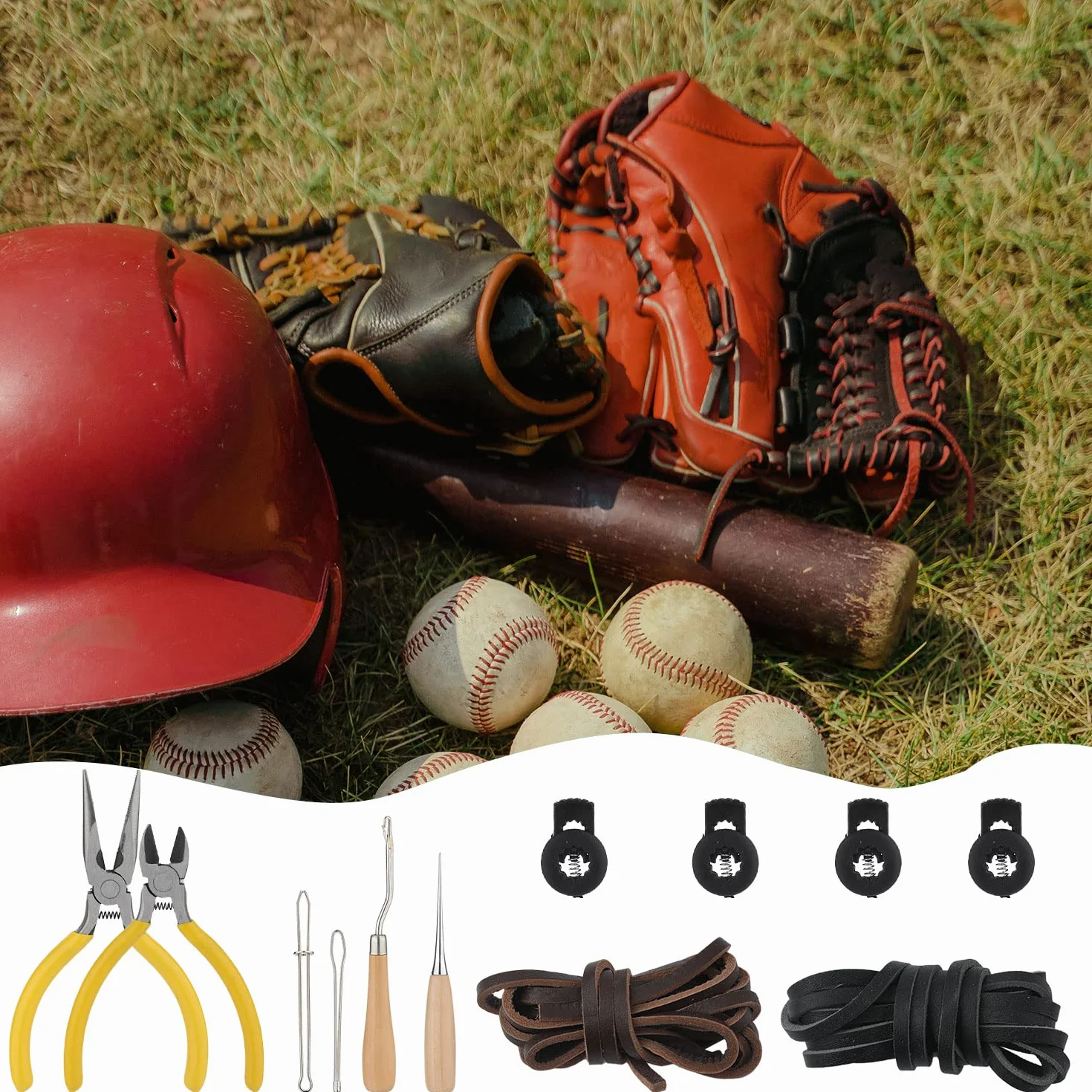 Kit de Réparation de Gant de Baseball 12pcs, Dentelle Cordon pour Gants Softball avec Enfileur et Verrous