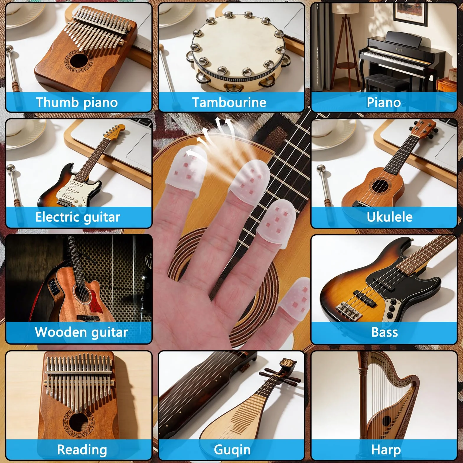 Protege Doigts Silicone 5 Tailles Transparent pour Guitare Ukulele Basse, Capuchons Doigt Respirant Anti Derapant