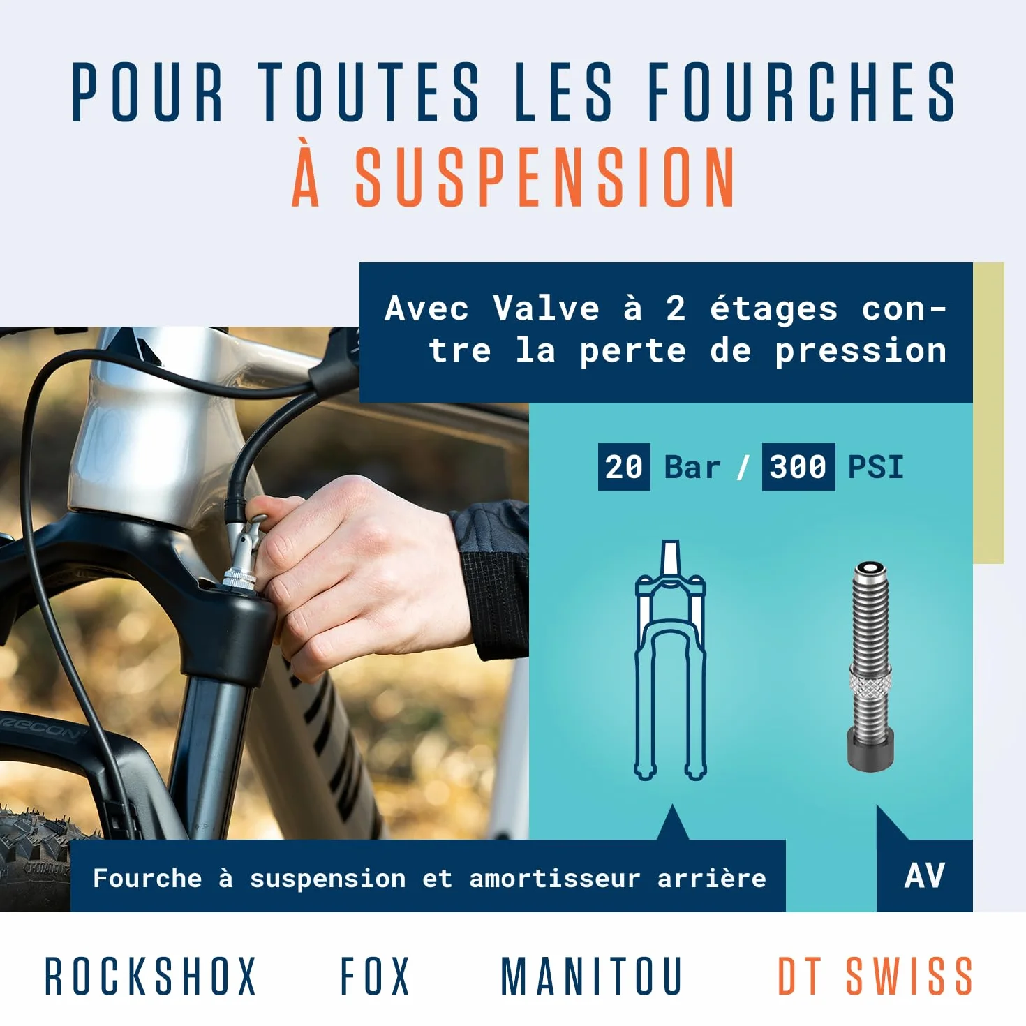 Alphatrail Pompe Haute Pression Amortisseur 300 PSI 20,7 Bar Valve 2 étages Manomètre Ø40mm pour RockShox Fox