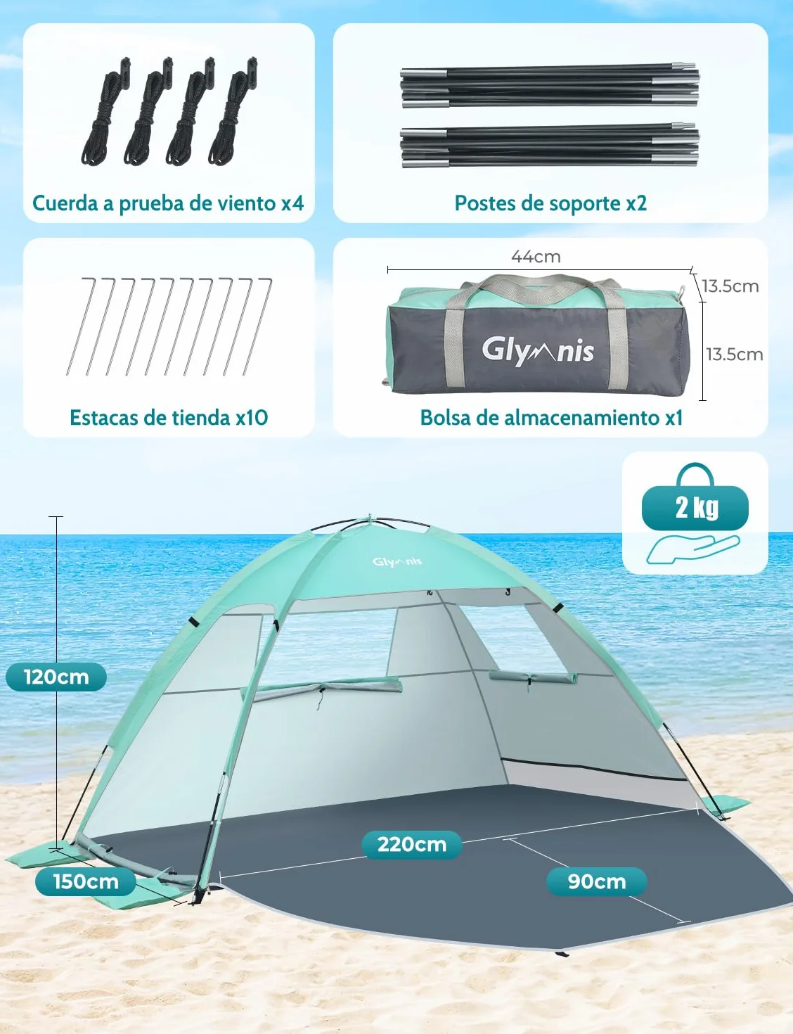 Glymnis Tente de plage, abri de plage pour 2-3 personnes, tente de plage avec double porte zippée, fenêtres ventilées, protection UPF 50+, pour plage, parc, pêche