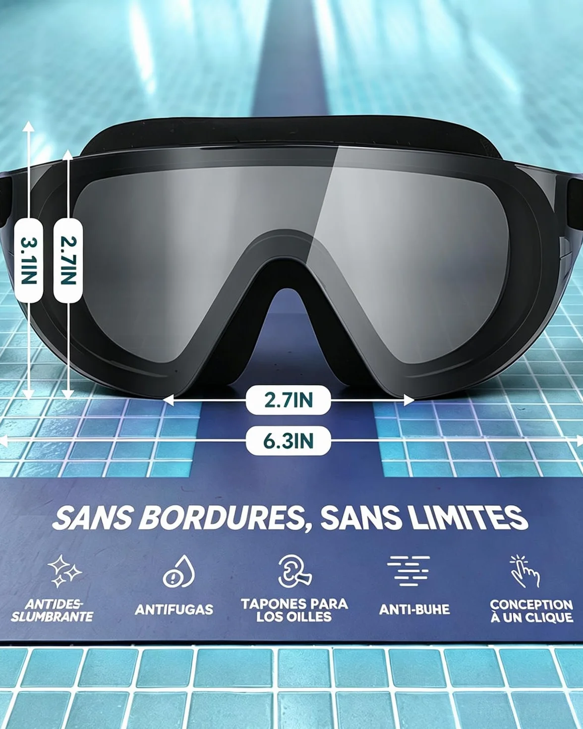 Zoomsnail Lunettes de Piscine Panoramiques 180° sans Monture, Anti-Buée, Confort Silicone, Étanches