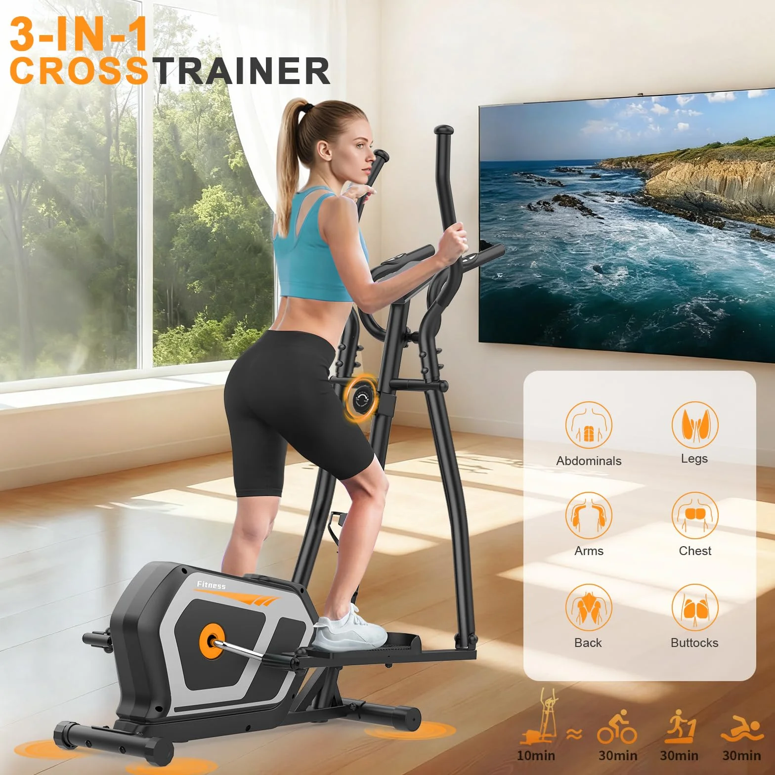 Vélo elliptique 3 en 1, 16 niveaux de résistance, écran LCD, capacité 287LBS