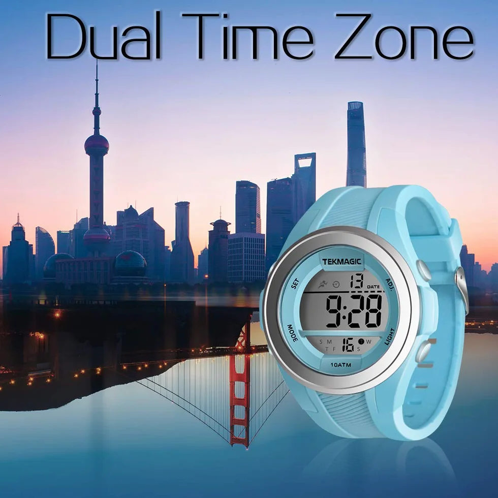 Montre Bracelet Filles Etanche 100 Mètres Chronomètre Réveil Minuteur Double Fuseau Horaire Calendrier Rétroéclairage 12/24 Heures