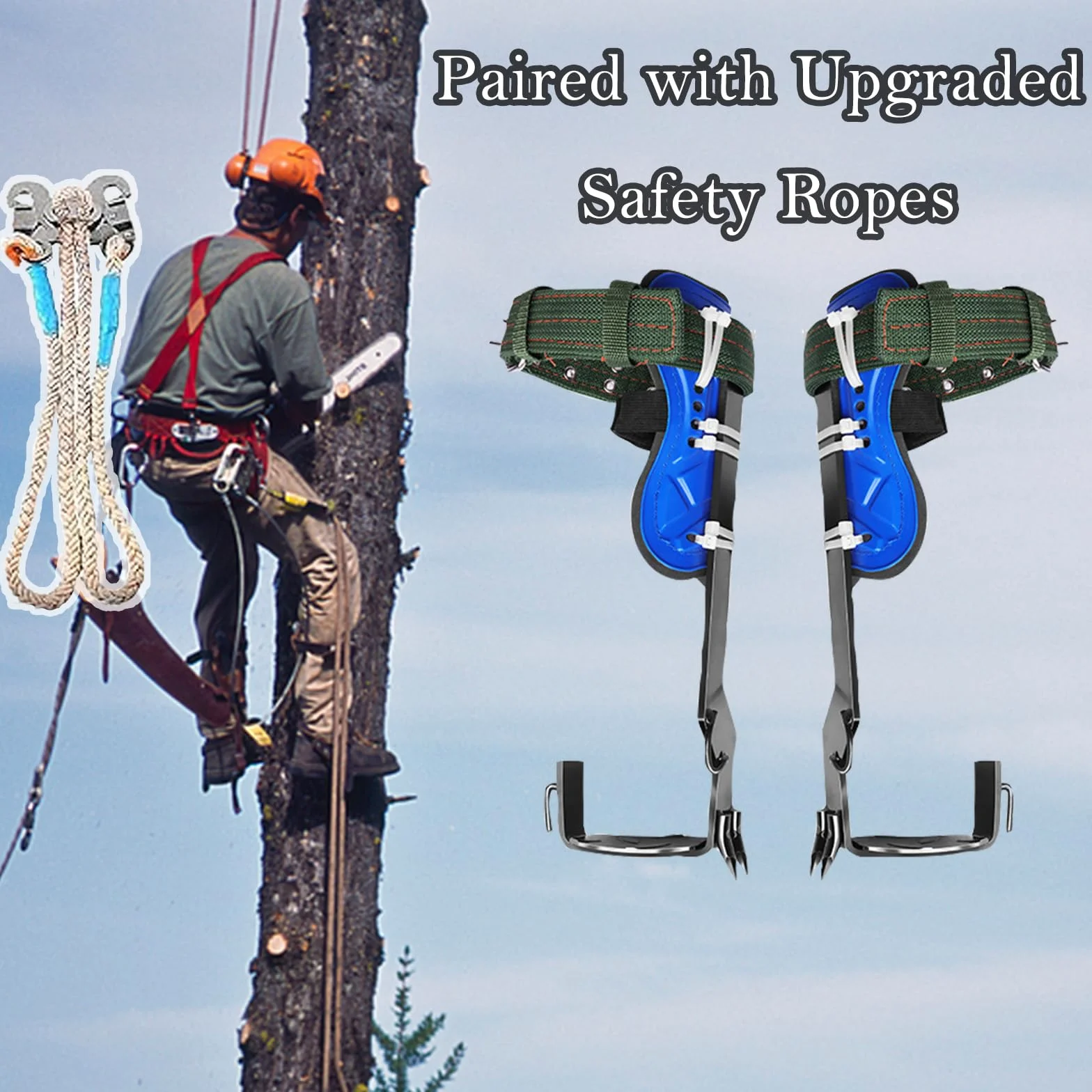 Kit d'Escalade sur Arbre avec Griffes d'Élagage Double Dents Trempées, Baudrier Ajustable et Corde de Sécurité 3M pour Arboriculture