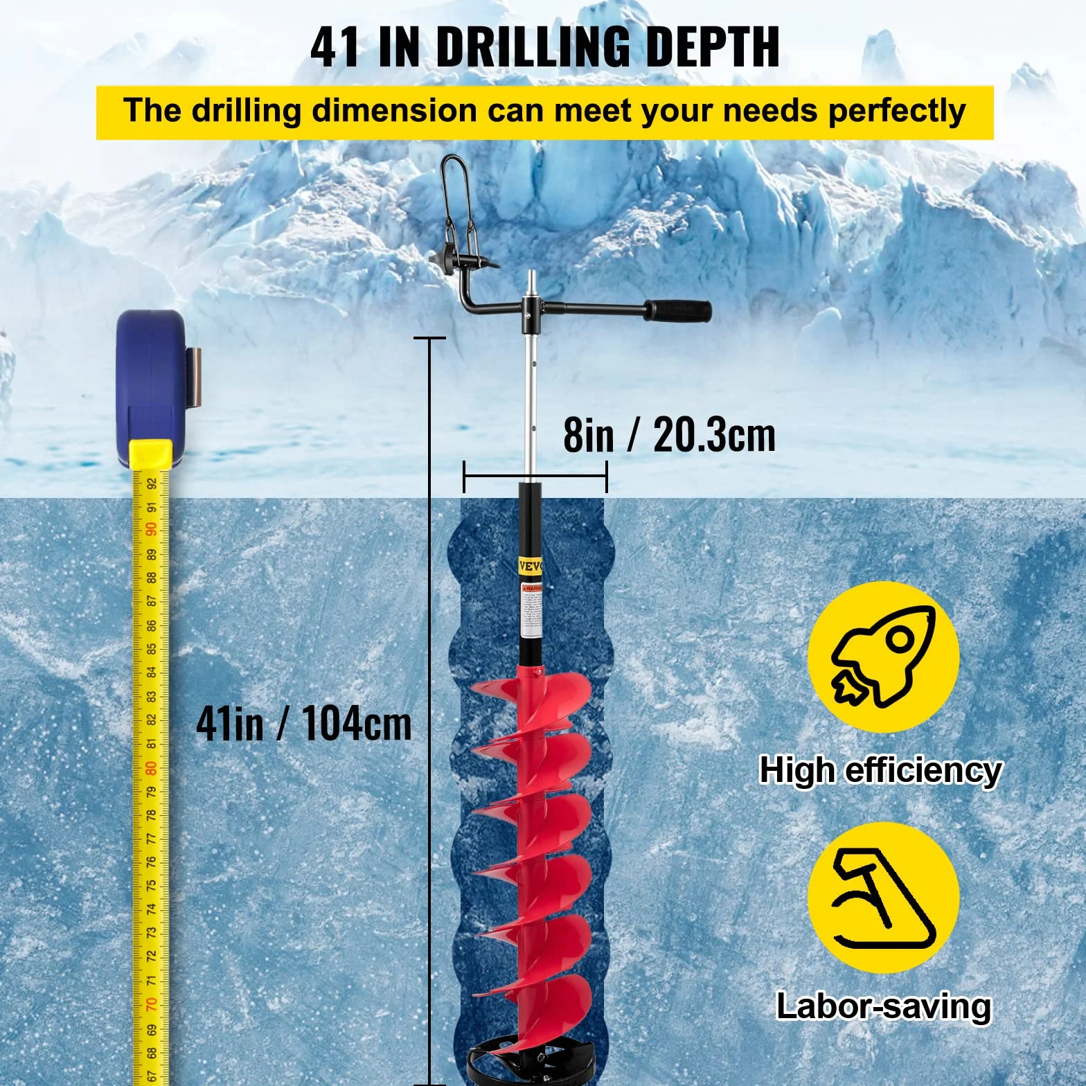 VEVOR Tarière à glace en nylon 20 cm 104 cm mèche tarière perceuse poignée caoutchouc