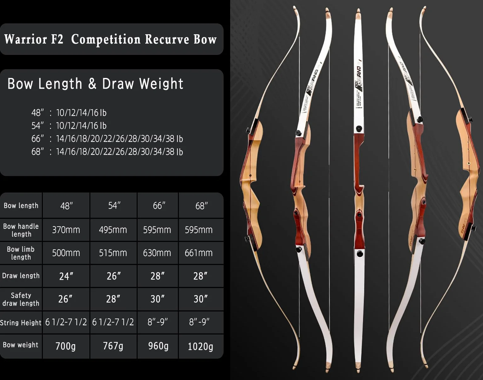 Arc Classique de Compétition 48-68" 10-38 LB Tir à l'Arc Main Droite