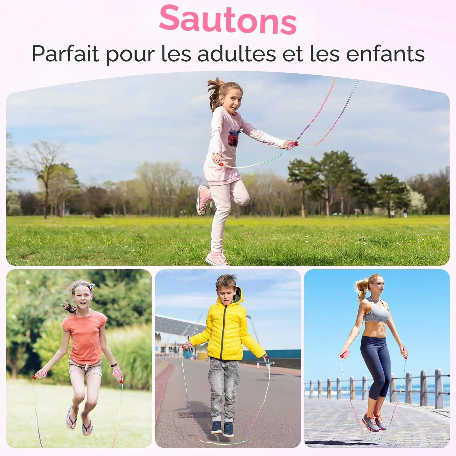 Corde à sauter arc-en-ciel réglable pour enfants avec poignée en bois