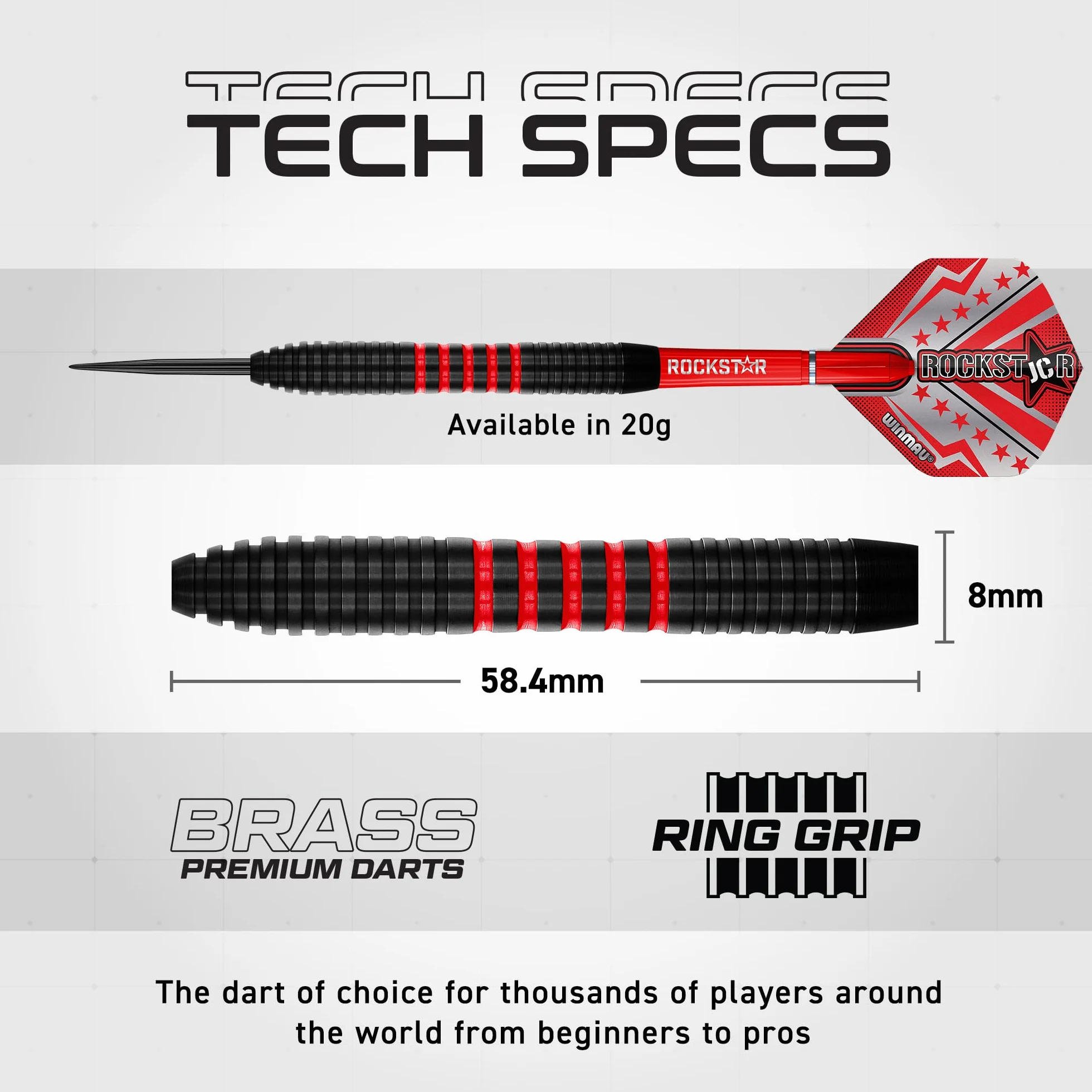 WINMAU Darts Joe Cullen Rockstar 20g Laiton Jeu de fléchettes avec ailettes tiges Carte de Score