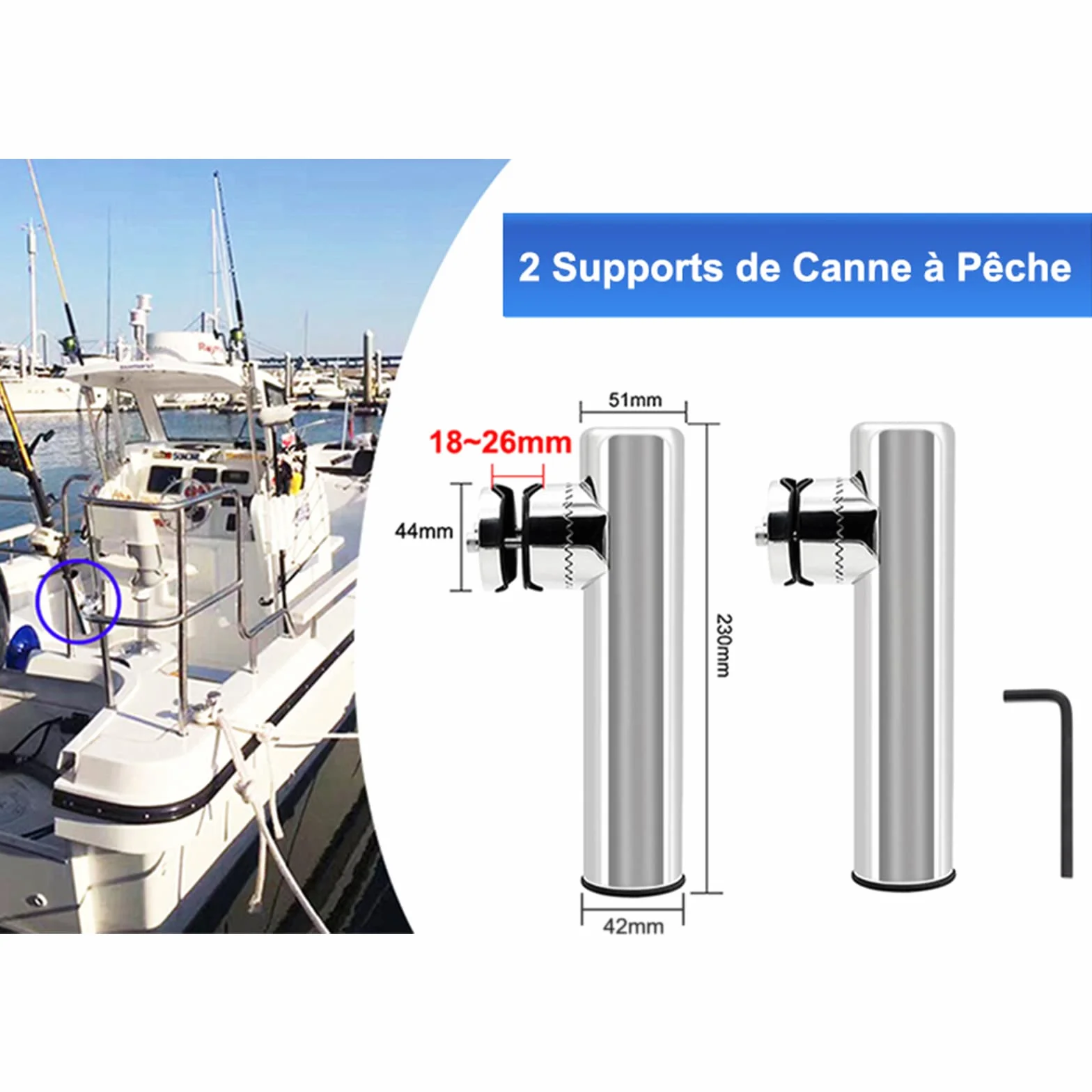 Lot de 2 Supports de Canne à Pêche en Acier Inoxydable pour Rails 18-26mm