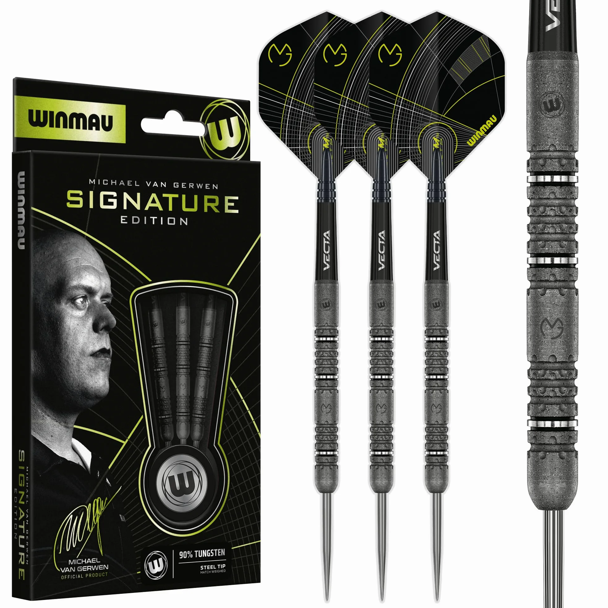 WINMAU Michael Van Gerwen MvG Signature Edition – 90 % tungstène – Kit de fléchettes professionnel avec ailettes et tiges – Disponible en pointe souple 18 g et pointe en acier 22 g, 23 g et 24 g