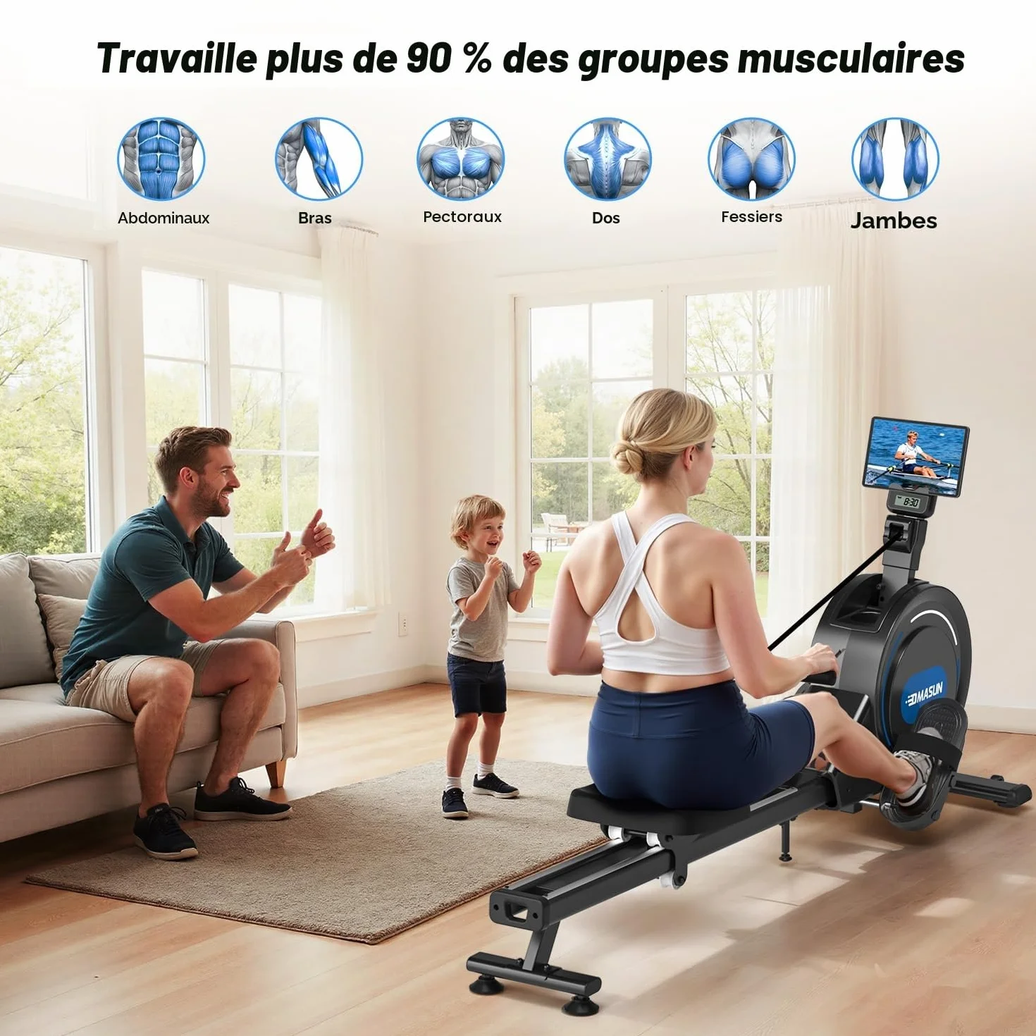 DMASUN Rameur Musculation d'Appartement 16/32 Niveaux Résistance Magnétique Double Rails Capacité 160 kg
