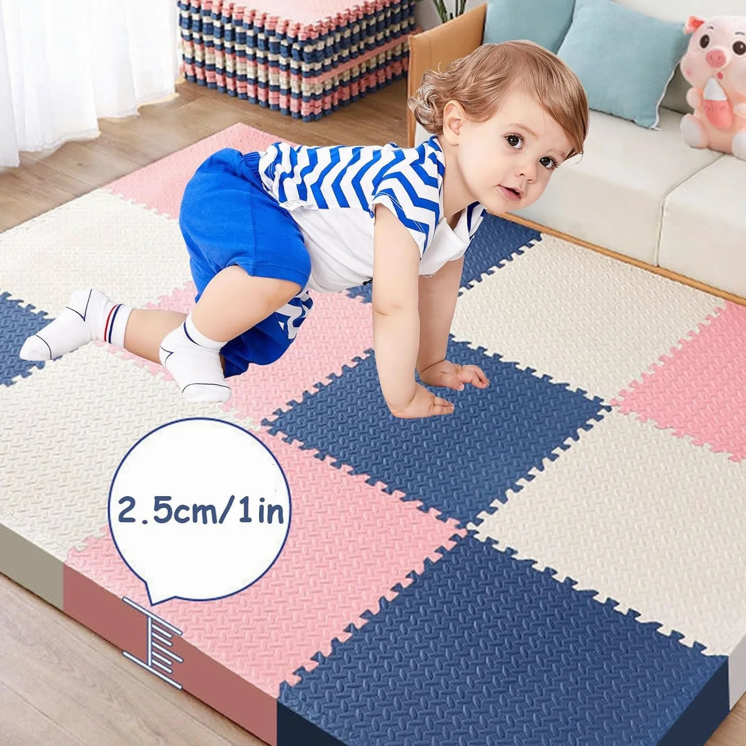 Lot de 16 Dalles en Mousse Souple imbriquées EVA 12 x 12 Pouces for Puzzle de Jeu en Mousse, Tapis de Sol découpable à Faire soi-même, Tapis d'exercice de Gymnastique(Navy Blue+Yellow)