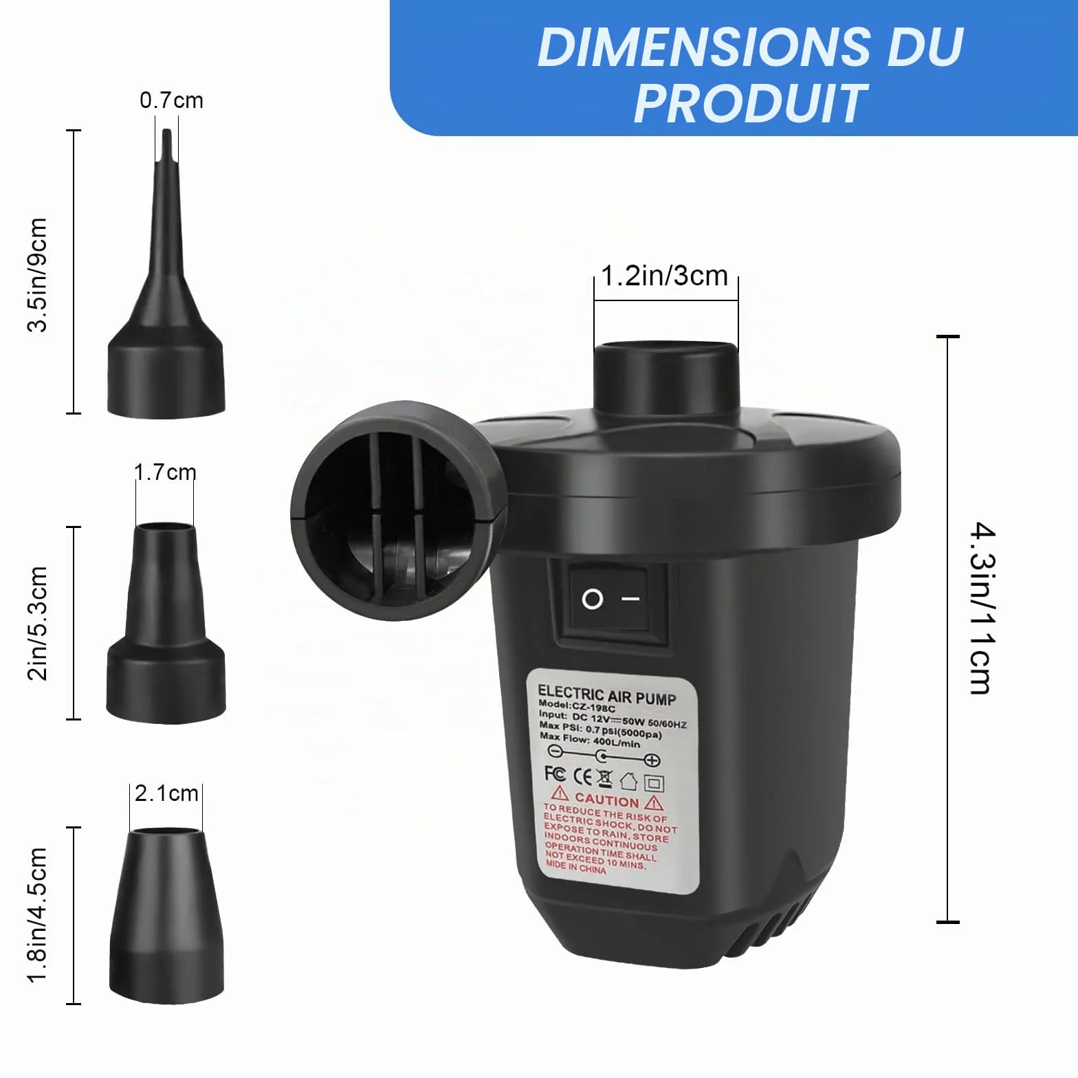 Pompe à air électrique Haute Puissance 220-240V 130W pour Matelas Gonflable Piscine Jouets de Plage avec 3 Buses