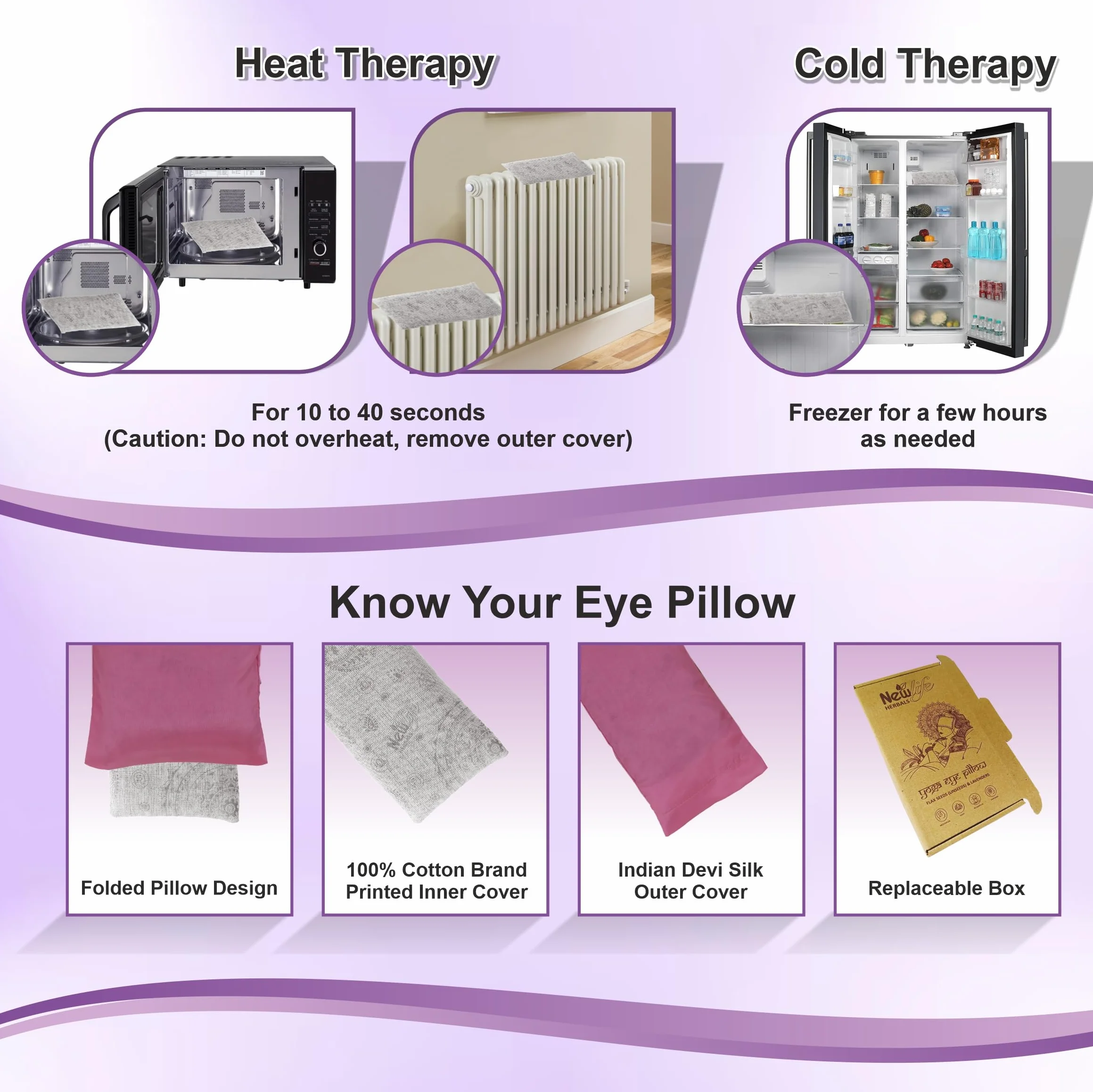 Oreiller de yoga pour les yeux, lavande, coton, graines Flex, violet vert rose bleu