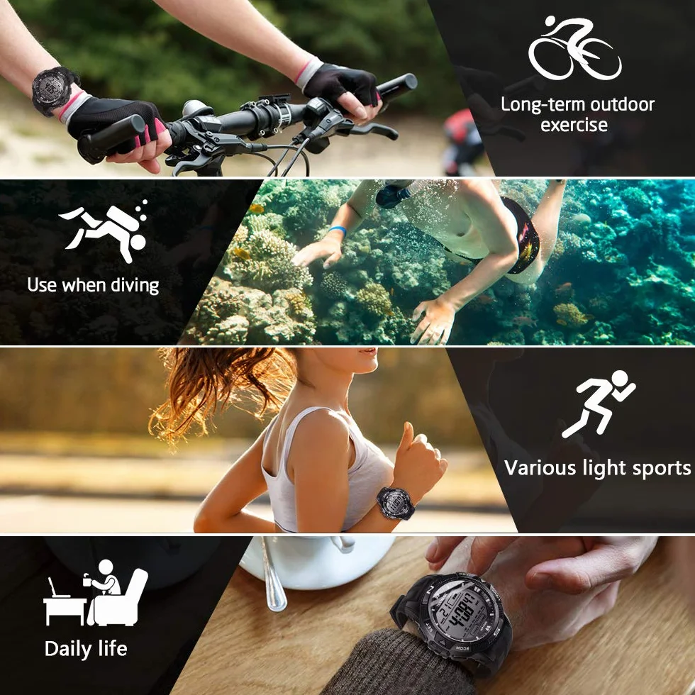 Montre de Natation Numérique Submersible Étanche 100 m Alarme Chronomètre Double Fuseau Horaire Compte à Rebours 12/24 Heures