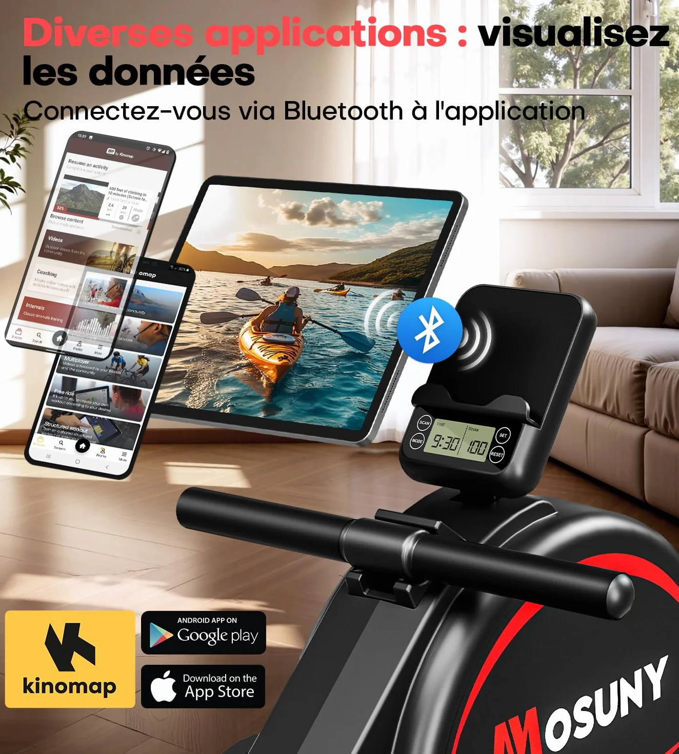 MOSUNY Rameur Magnétique 16/32 Niveaux Résistance Glissières Doubles Ultra Silencieux 160/180 kg