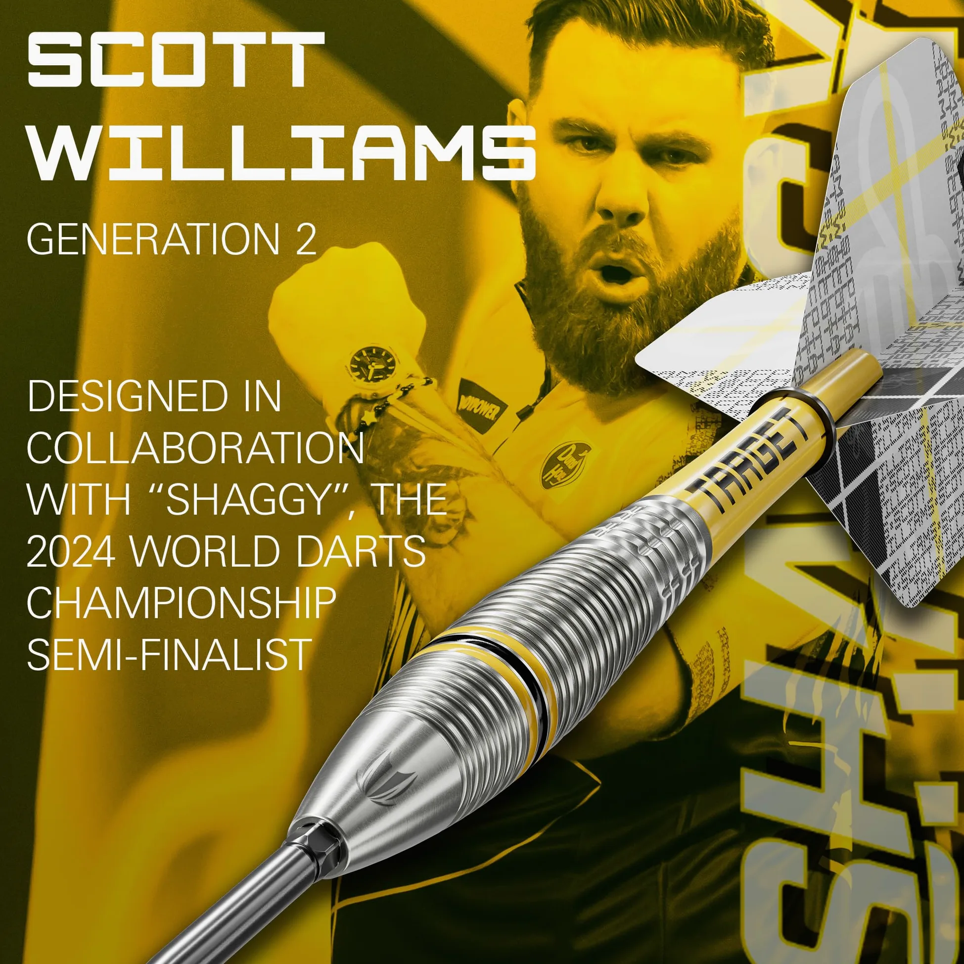 Target Darts Scott Williams Generation 2 Swiss Point Jeu de Fléchettes à Pointe en Acier, 23G/25G | Fléchettes Player Edition G2 90% Tungstène, Ailettes Pro Ultra No.2, Manches Pro Grip Tag et Outil