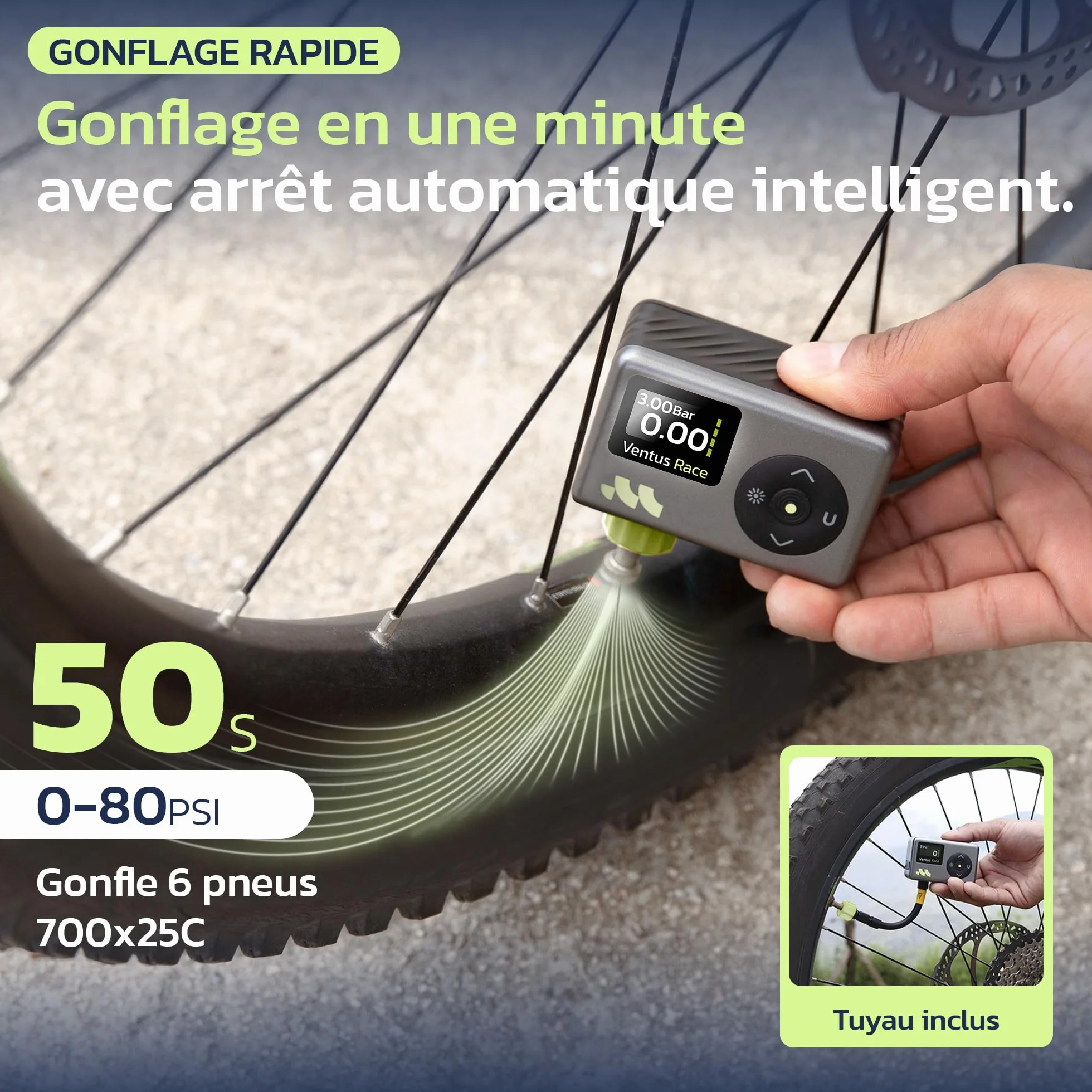 Woowind Pompe a Velo Electrique 120 PSI 8,3BAR Gonflage Rapide Mini Compresseur sans Fil