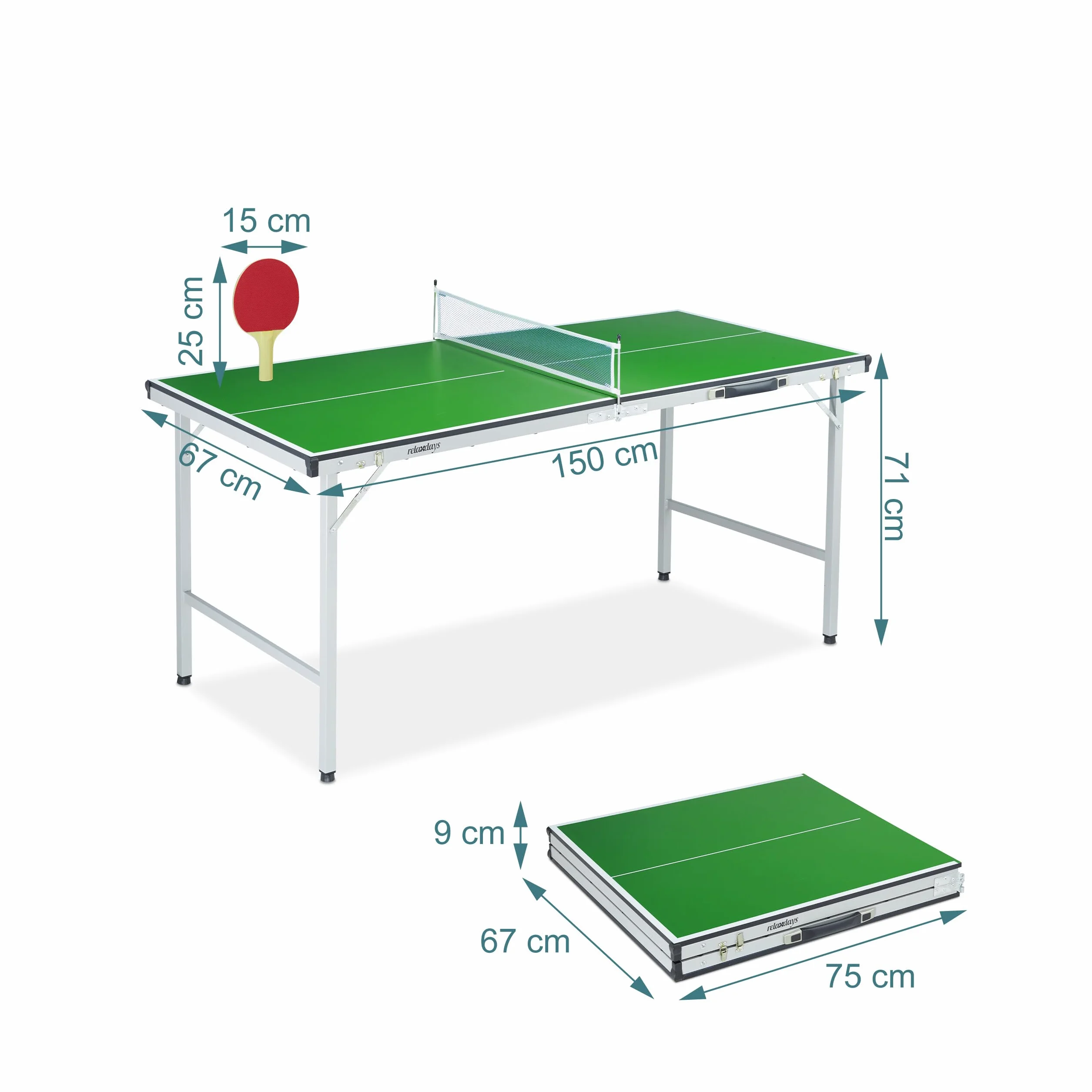 Relaxdays Table de ping-Pong Pliante avec Filet, 2 Raquettes, 3 balles, 71x150x67 cm, Vert