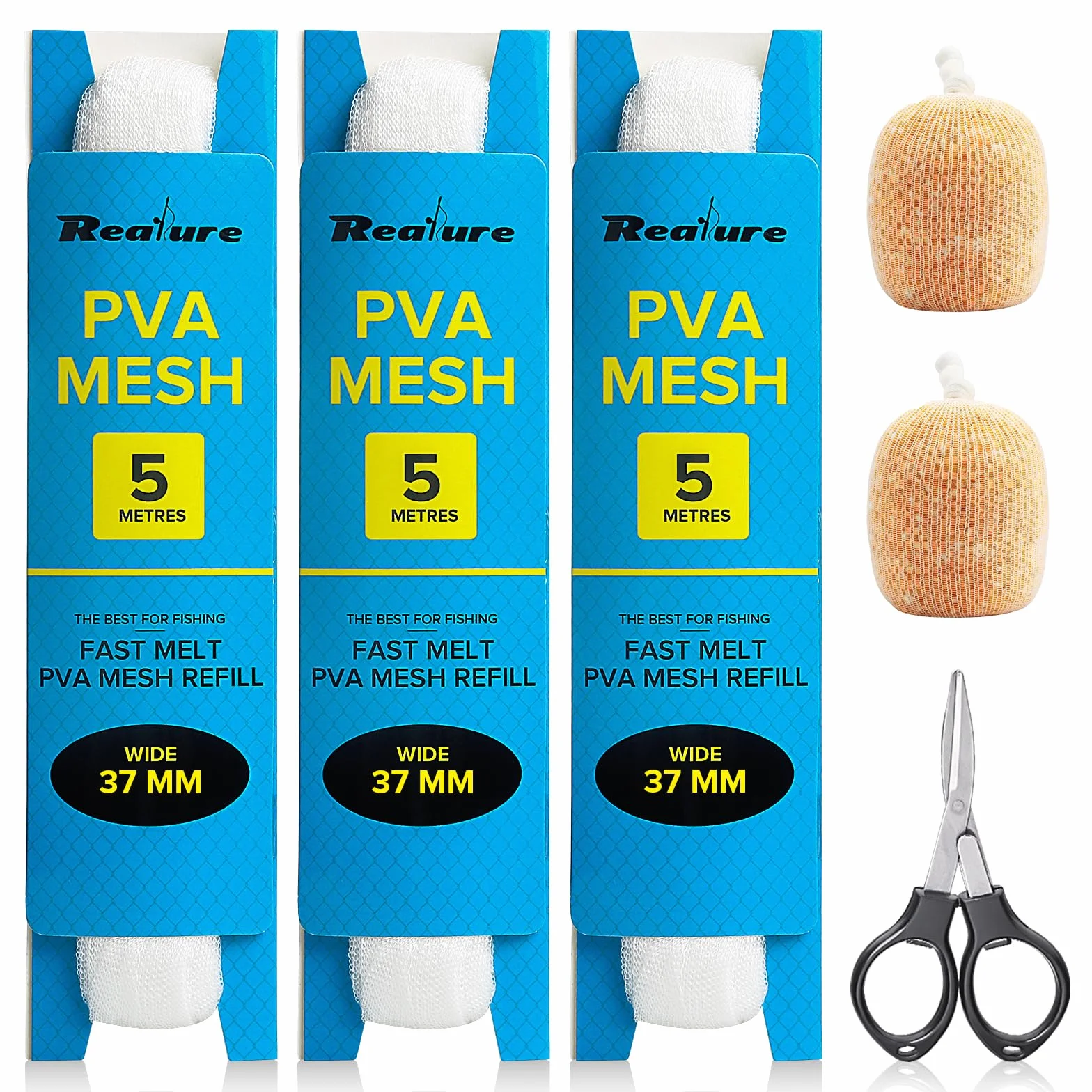 Realure Lot de 3 filets de pêche en PVA de 5 m - 25 mm/37 mm/44 mm de large - En maille PVA - Accessoires de pêche à la carpe - Avec ciseaux - Fondant rapidement - Sacs de pêche en PVA - Pour appâts