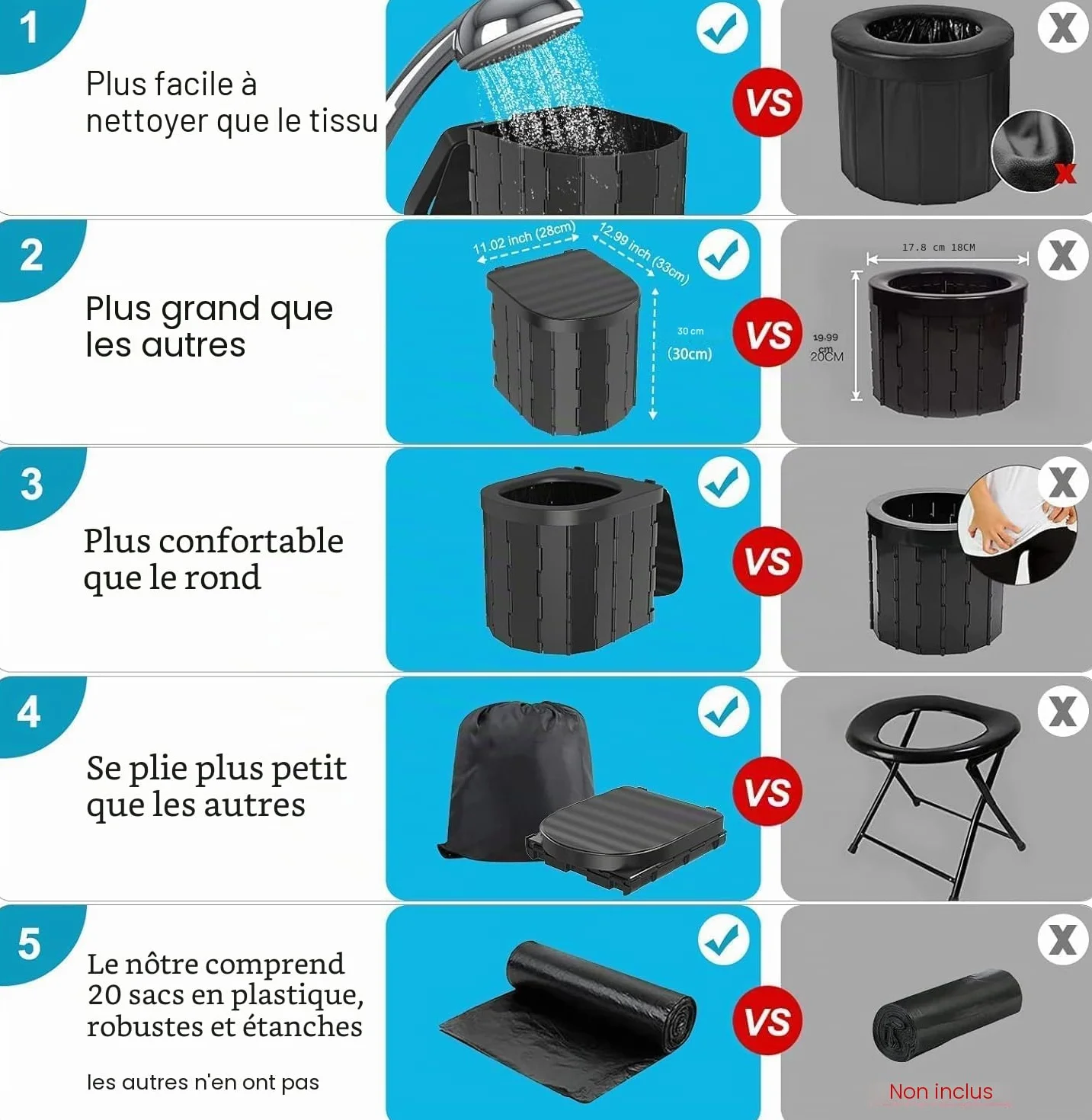 Toilettes de camping portables pliables étanches pour adultes et enfants, pot noir
