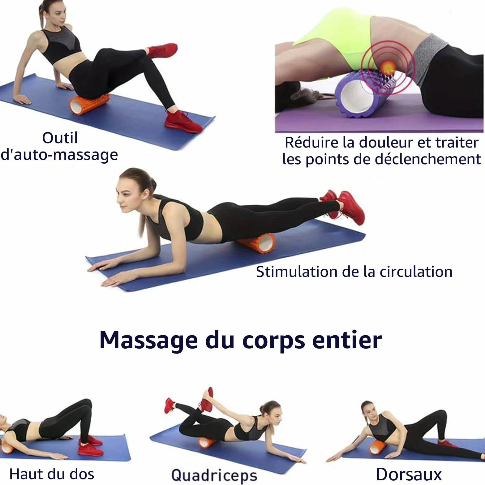 Rouleau de massage fascia dos colonne vertébrale 30 x 10 cm Noir