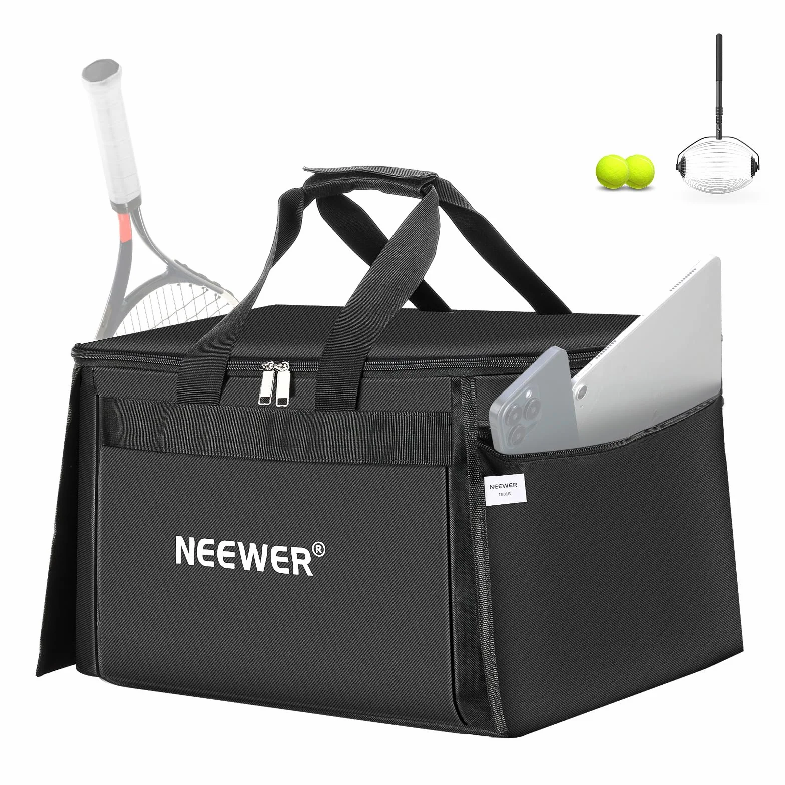 NEEWER Sac de Transport pour 110 Balles de Tennis & Pickleball Polyester Robuste pour Chariot ramasseur TB01S, Panier Caddy Léger & Portable pour Baseball & Golf avec Poches Latérales, TB01B