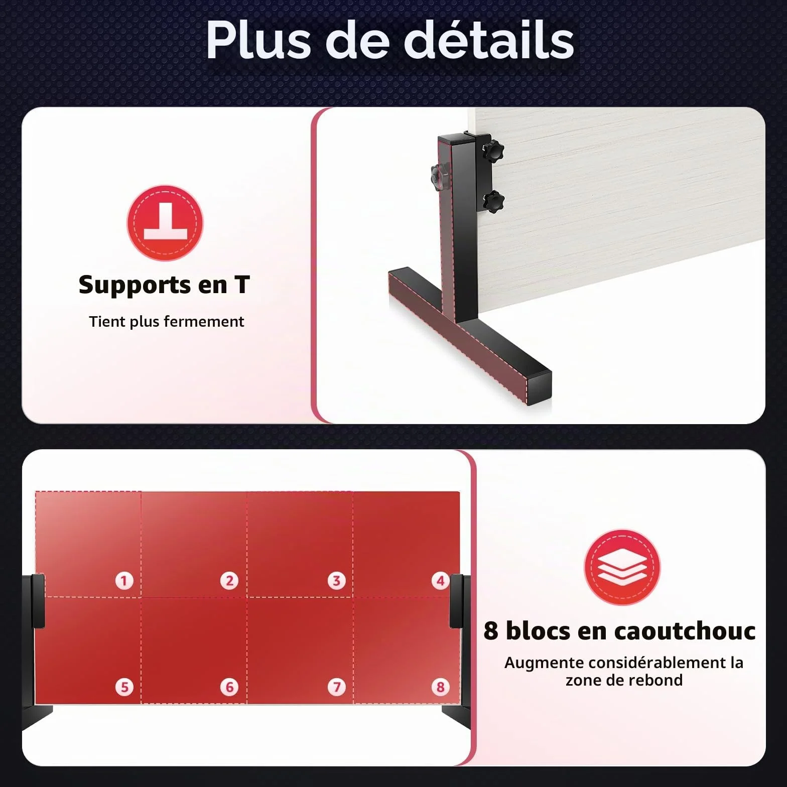 Ping Pong Rebounder Planche de tennis de table rebond avec 8 caoutchoucs rouges, équipement d'auto-entraînement pour la maison, la gym, l'intérieur et l'extérieur