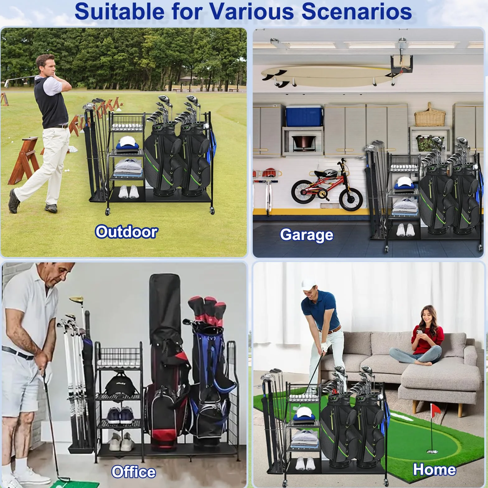 Support de rangement pour sacs de golf avec roues verrouillables