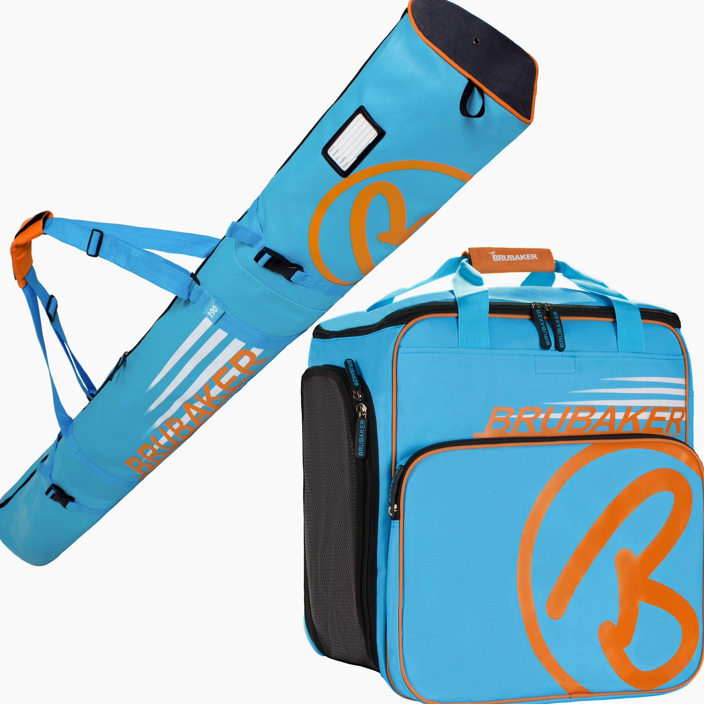 BRUBAKER Set de Ski ‘Champion’ - Série limitée - Housse à Skis et Sac à Chaussures de Ski pour 1 Paire de Skis + Bâtons + Chaussures + Casque - 190 cm - Bleu Orange