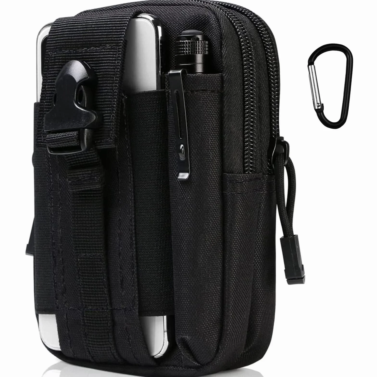 Flintronic Sac Tactique Ceinture Nylon Noir Molle EDC Gadget pour Téléphone Plein Air Randonnée Alpinisme Cyclisme avec Mousqueton